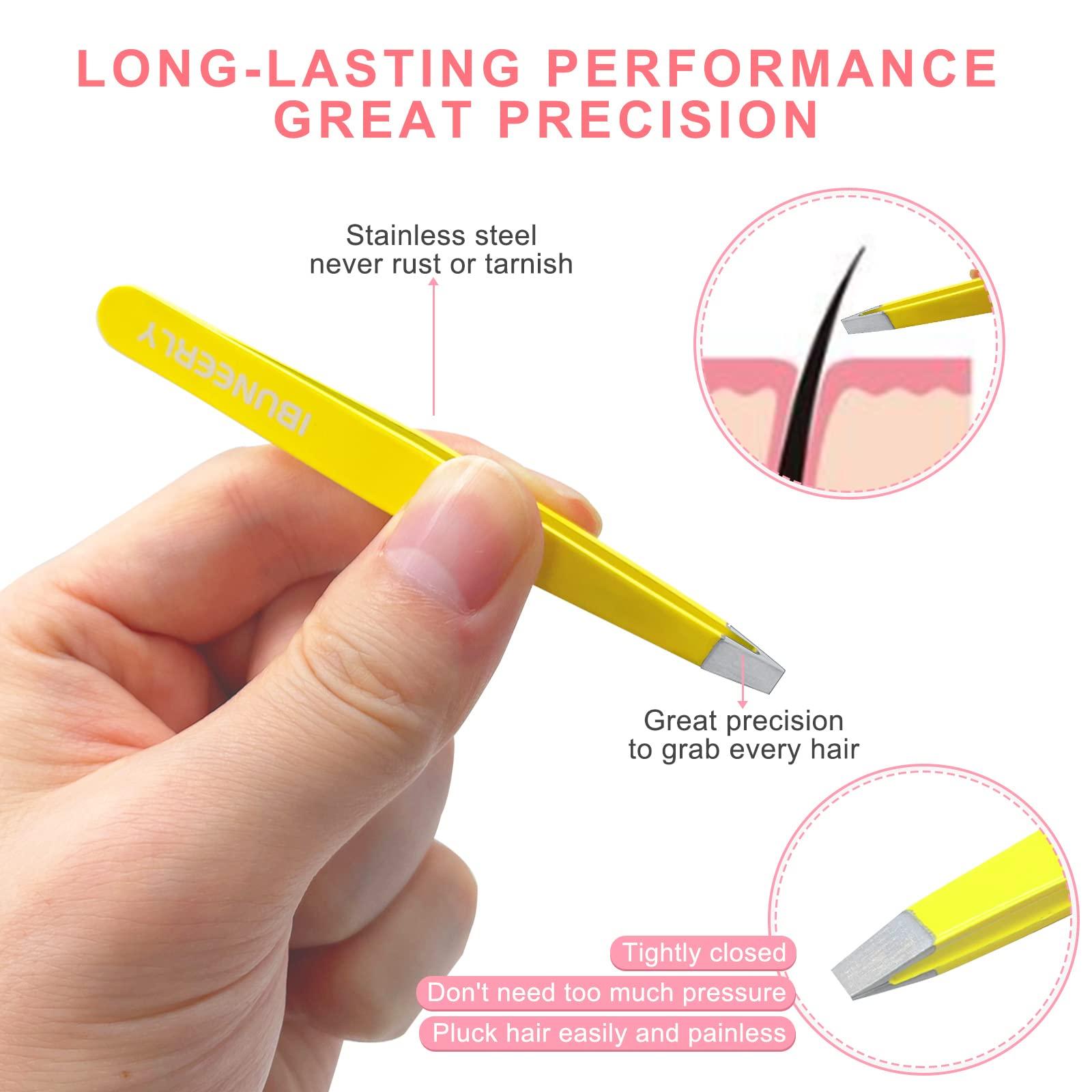 iBuneerly Tweezers Set, 4Pcs Tweezers for Women with Travel Leather Case, Professional Stainless Steel Eyebrows Tweezers, Great Precision Tweezers for Ingrown Hair, Facial Hair, Splinter Removal(Yellow)