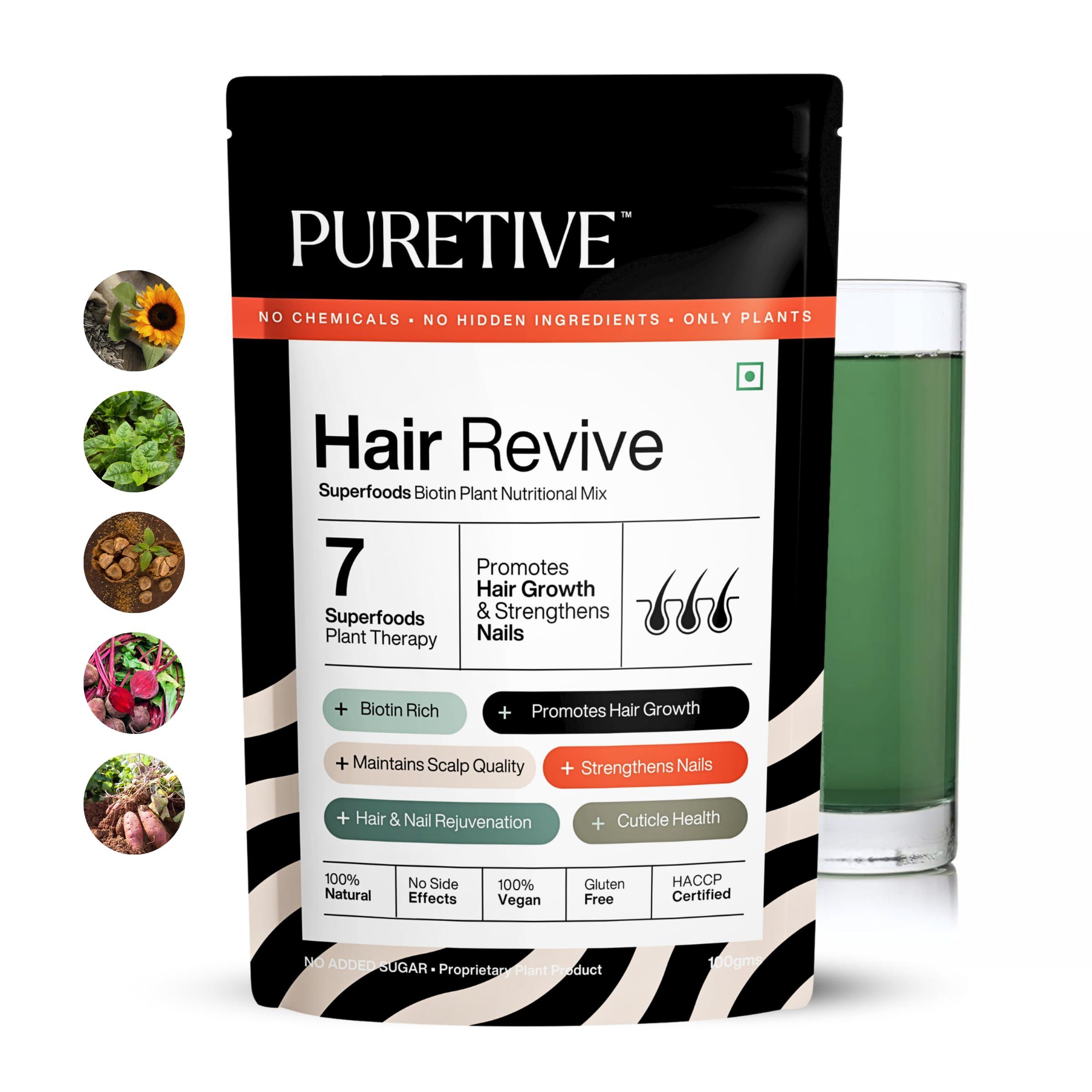 Puretive Puretive Hair Revive | Plant Based Biotin Powder | Promotes Healthy Hair and Fights Hair Fall | Promotes Hair Growth - 100% PURE, Non-GMO, Vegan | Superfood for Everday use | Just Mix & Sip | 100gms