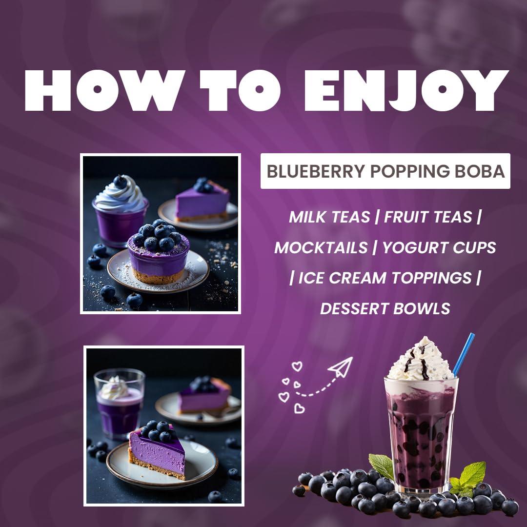 ZAWAA ZAWAA Foods Blueberry Popping Boba Pearls 1Kg - Bursting Bubble Tea With 10 Free paper straw, Vegan | Perfect for Ice-cream, Tea, Smoothies, Falooda, Puddings, Cakes, Froyo, Milkshake, Coffee- Hot & Cold Milk Drinks
