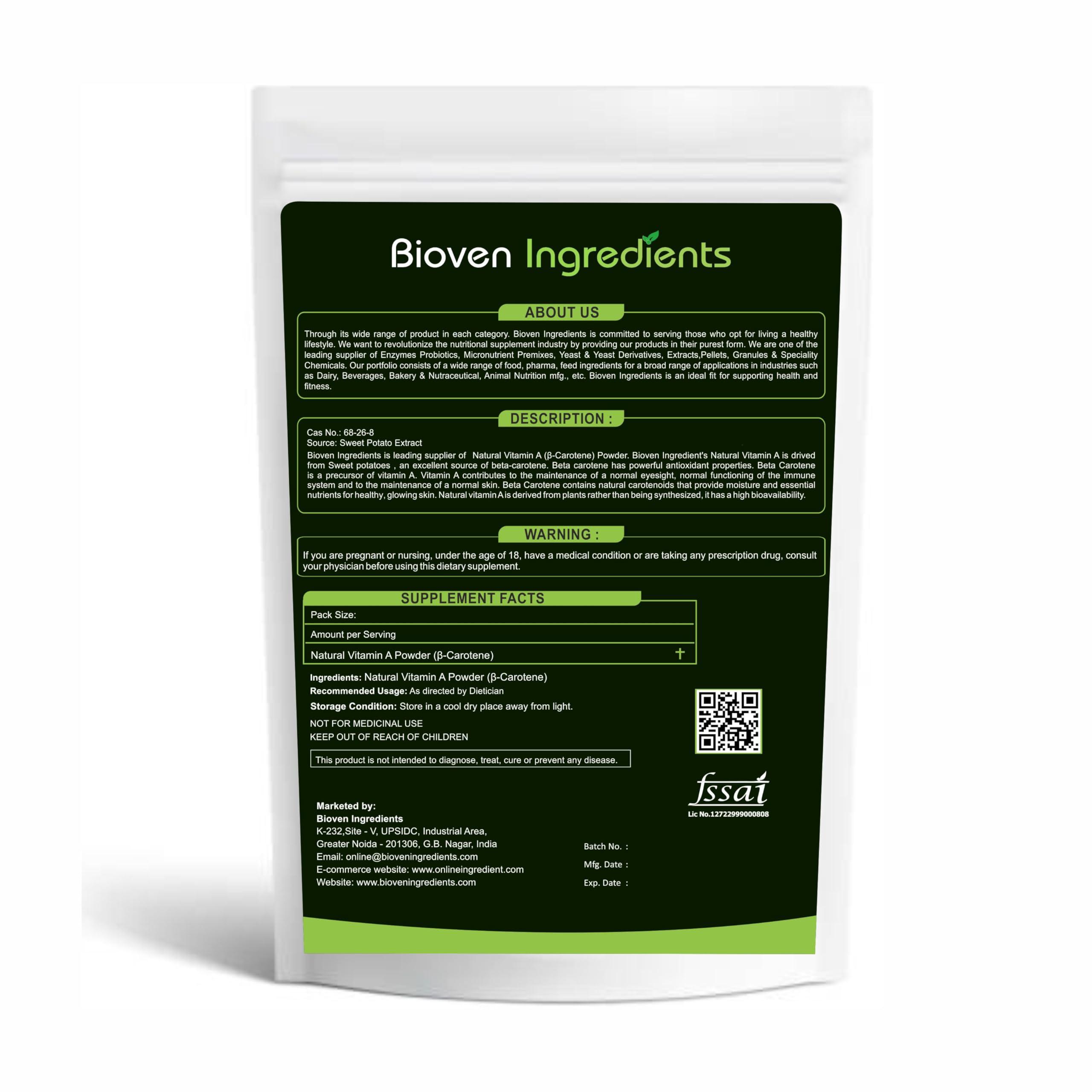 Bioven Bioven Ingredients Natural Vitamin A Powder, 100% Natural Beta Carotene by Bioven Ingredients, 100% Natural Non-GMO Supplement, No Preservatives, Sugar, Gluten or Dairy Free Powder