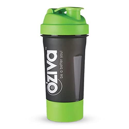 OZiva OZiva Gym Shaker Green Top, 600ml with Detachable Storage Compartment & Mesh strainer, Shaker for Protein Shake, Gym & Shakes