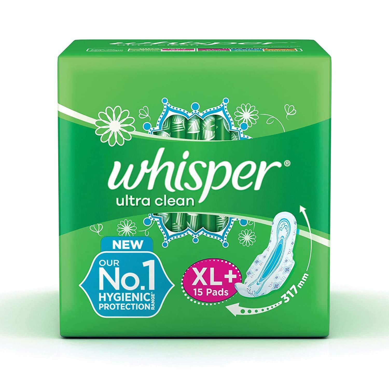 Whisper Whisper Ultra Clean Sanitary Pads for Women, XL+ 15 Napkins
