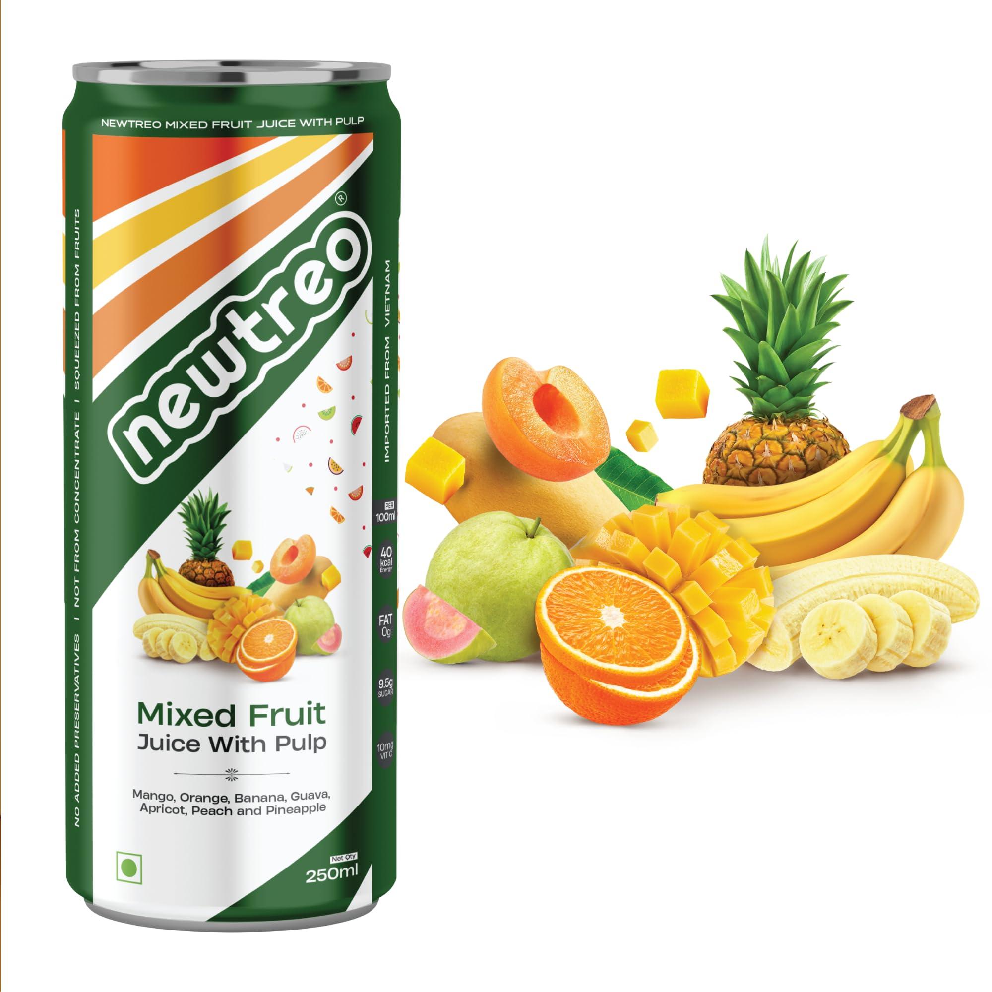 Newtreo Newtreo Mixed Fruit Juice With Pulp | Imported from Vietnam | Mango, Orange, Banana, Guava, Apricot, Peach & Pineapple Juice | 12 x 250ml cans | No Concentrates or preservatives added