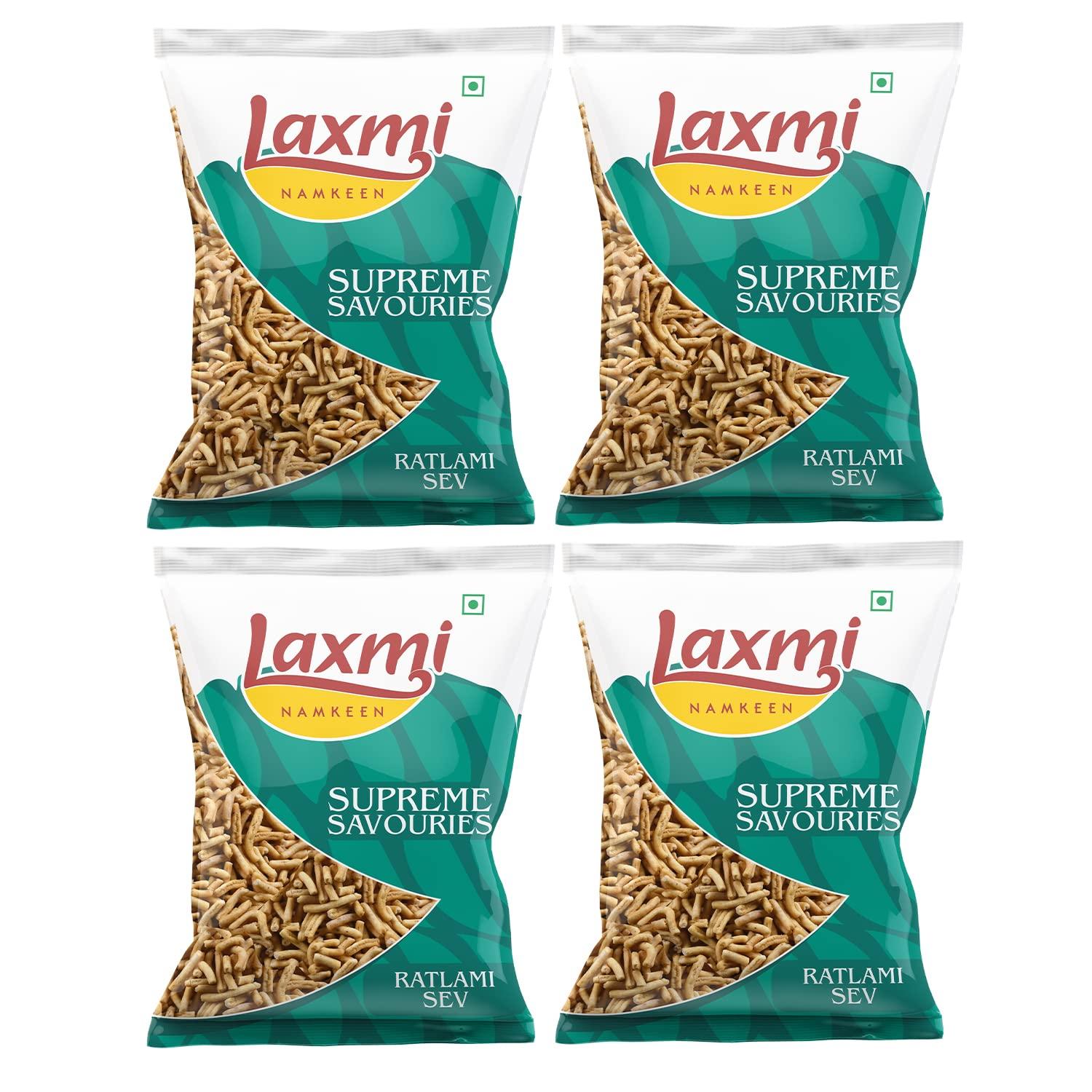 Laxmi NAMKEEN Laxmi NAMKEEN Famous Special Ratlami Sev Namkeen - Healthy Snack/ Namkeen Sev for Bhel/ Crispy and Crunchy/ 200 gm Each Pack of 4