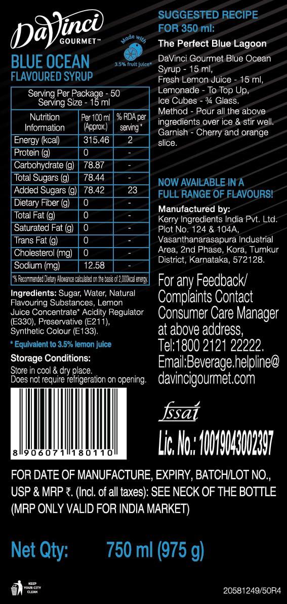 DaVinci Gourmet DaVinci Gourmet Blue Ocean Flavoured Syrup 750 Ml - Liquid
