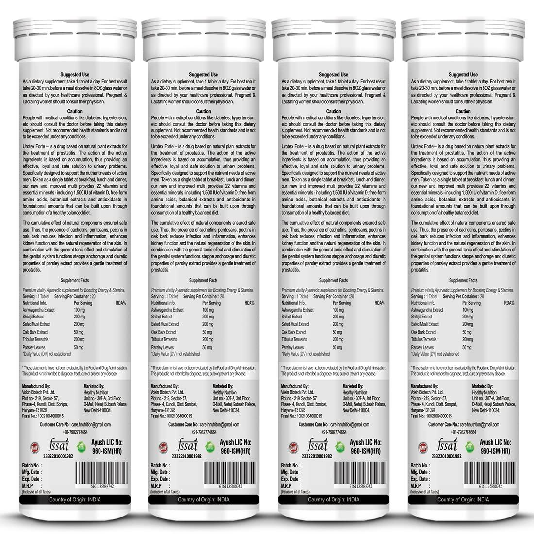 Healthy Nutrition - Just for the Health of it Healthy Nutrition - Just for the Health of it Urotex Forte T Booster for Mens Effervescent Water Soluble (20 Tablets) Pack of 4