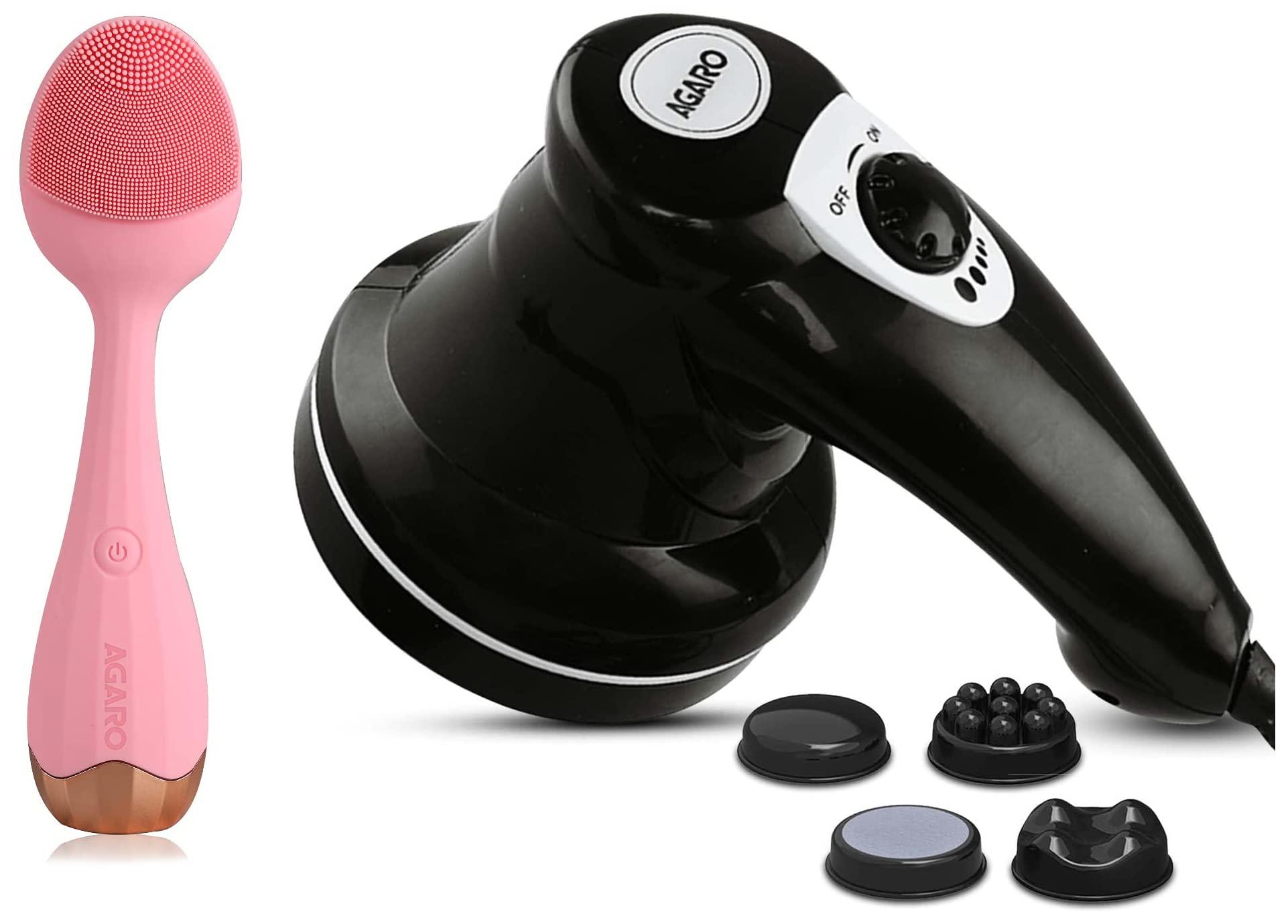 AGARO AGARO Electric Handheld Full Body Massager with 3 Massage Head & Variable Speed Setting, Black & AGARO CM2109 Sonic Facial Cleansing Massager with Silicone Brush & Anti-Aging Massager - Massager Combo