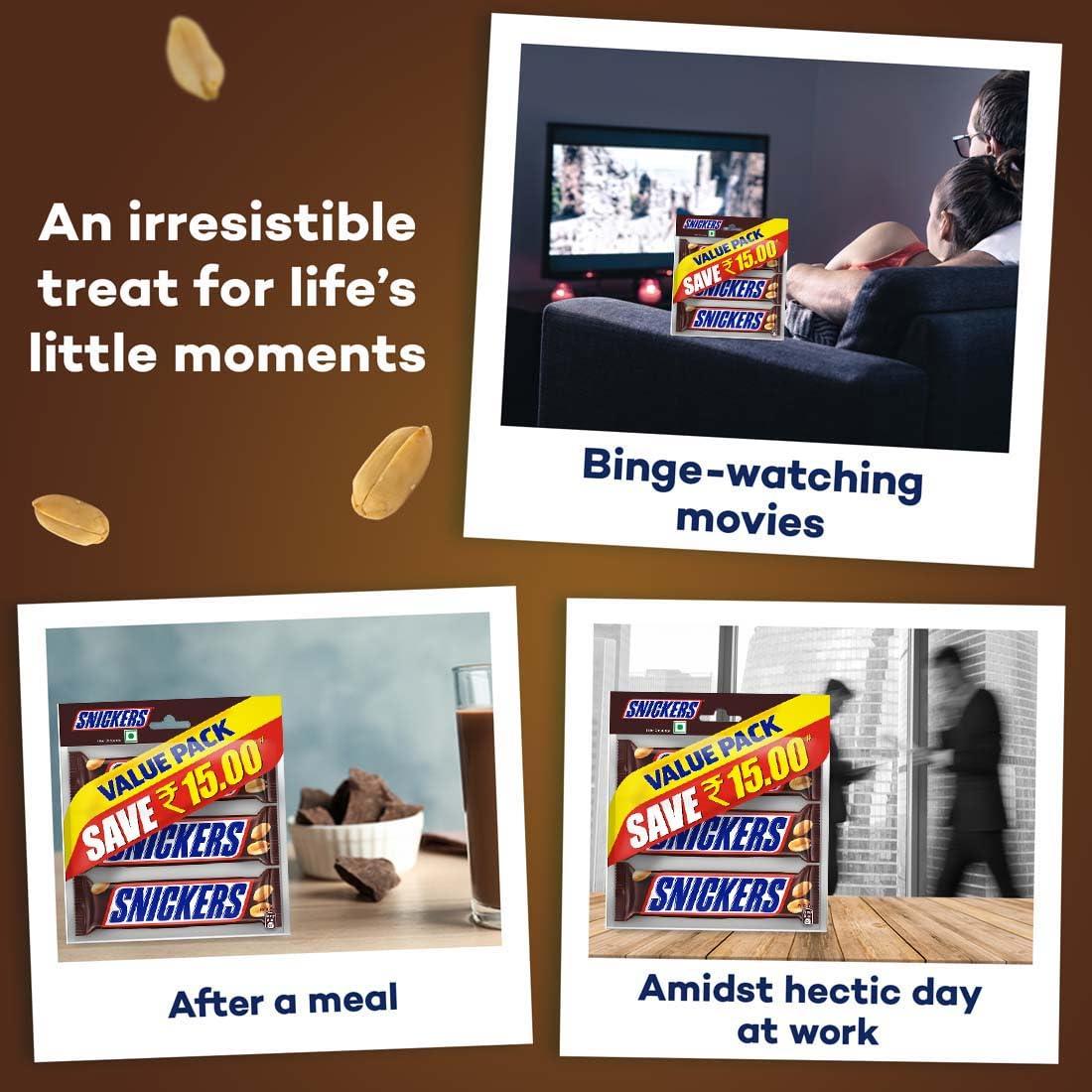 Snickers Snickers Peanut Filled Chocolate Value Pack | 3 Peanut Chocolate Bars | Loaded with Roasted Peanuts, Nougat & Caramel Delight | Imported Chocolate | Pack of 4 - 135 gram