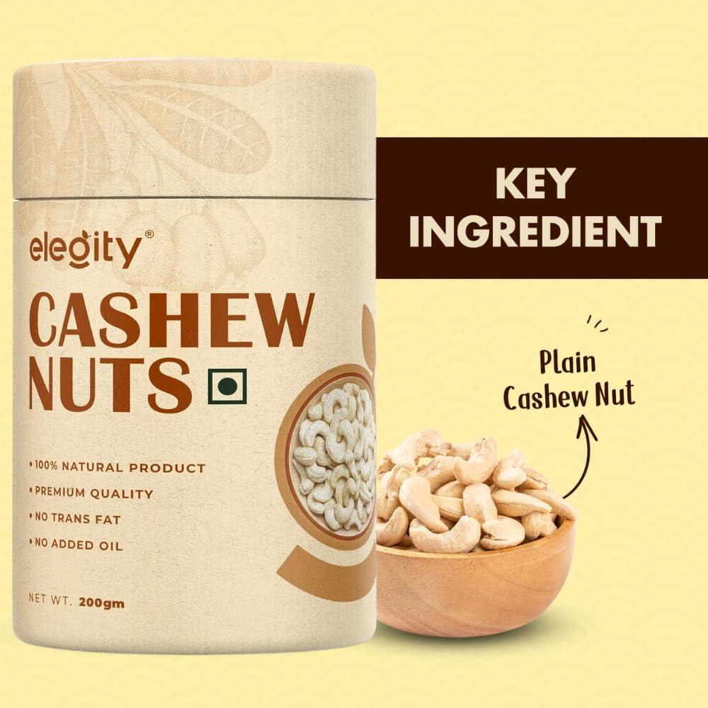 ELEGITY Elegity 100% Natural W210 Plain Cashew Papertube 200 gm | Whole Kaju - Nutritious, Delicious & Crunchy | No Added Preservatives in Dry Fruit | Source of Fibre, Rich in Protein