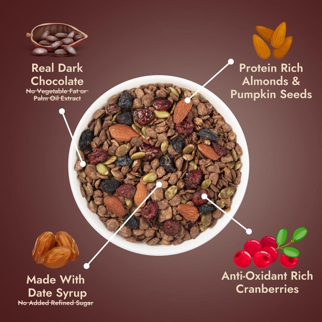 Yolo Roots Yolo Roots High Protein Dark Chocolate Muesli 1 Kg | India\'s 1st 25gm Protein per 100gm Muesli with Premium Whey Protein, 25% Almond, Pumpkin & Cranberry | No Added Refined Sugar | Made in Date Syrup