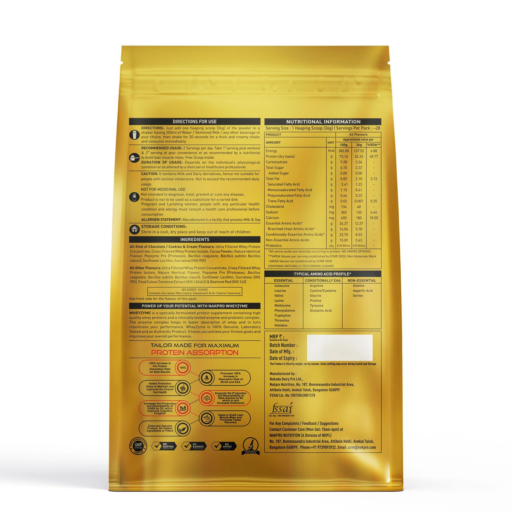 NAKPRO NAKPRO WheyZyme Whey Protein Powder, Double Rich Chocolate, Informed Choice & Trustified Certified | Isolate & Concentrate, Clinally Tested 100% Higher Protein Absorptio (1kg, Double Rich Chocolate)