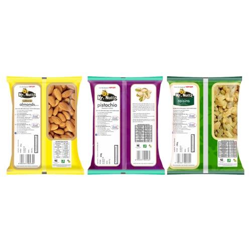 Mr.NUTTZ Mr.Nuttz Premium Dry Fruits Combo Pack of 3 |California Almonds 250g, Roasted Salted Pistachios Nut 250g, Dried Raisins Kishmish | Total 750 g | Healthy Dry Fruit Snacks | Badam, Pista, Raisins Dry Co