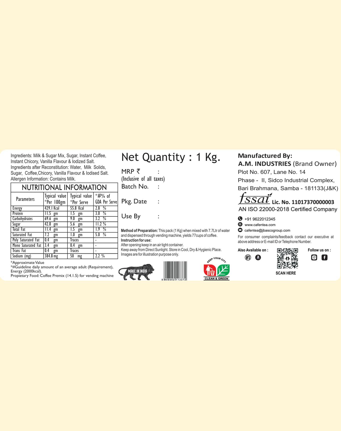 CAFE N TEA Caf N Tea Instant Cappuccino Coffee Powder - 1kg [80 cups] - Vanilla Flavor