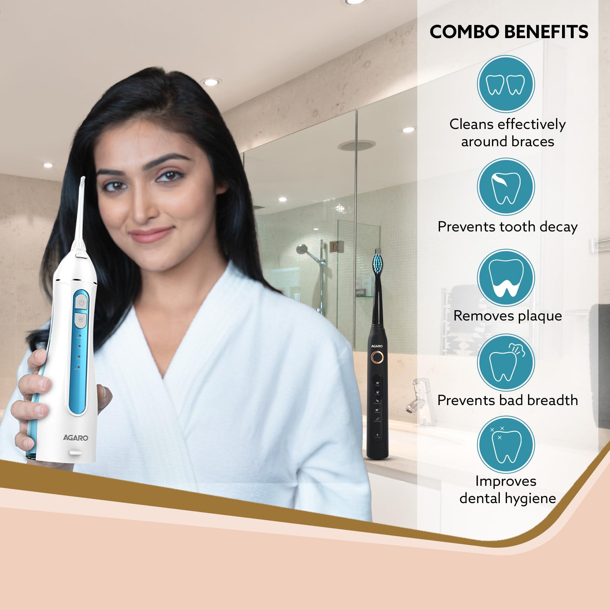 AGARO AGARO Cosmic Plus Sonic Tooth Brush Black & Ultra Portable Oral Irigator 200 ML White & Blue, Combo