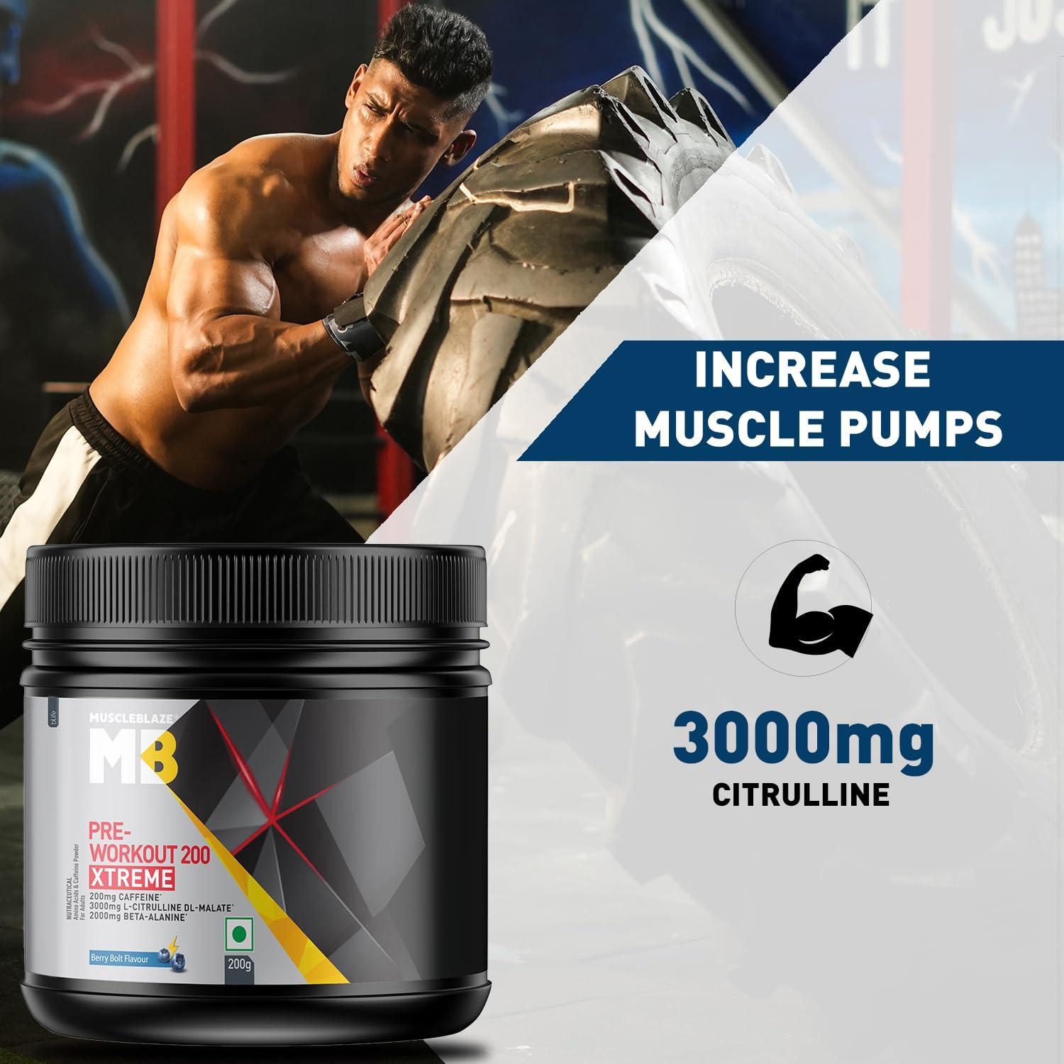 MuscleBlaze MuscleBlaze Pre Workout 200 Xtreme (Berry Bolt, 30 Servings, 200g) | 200mg Caffeine, 200mg Theanine, 2000mg Beta Alanine, 3000mg Citrulline