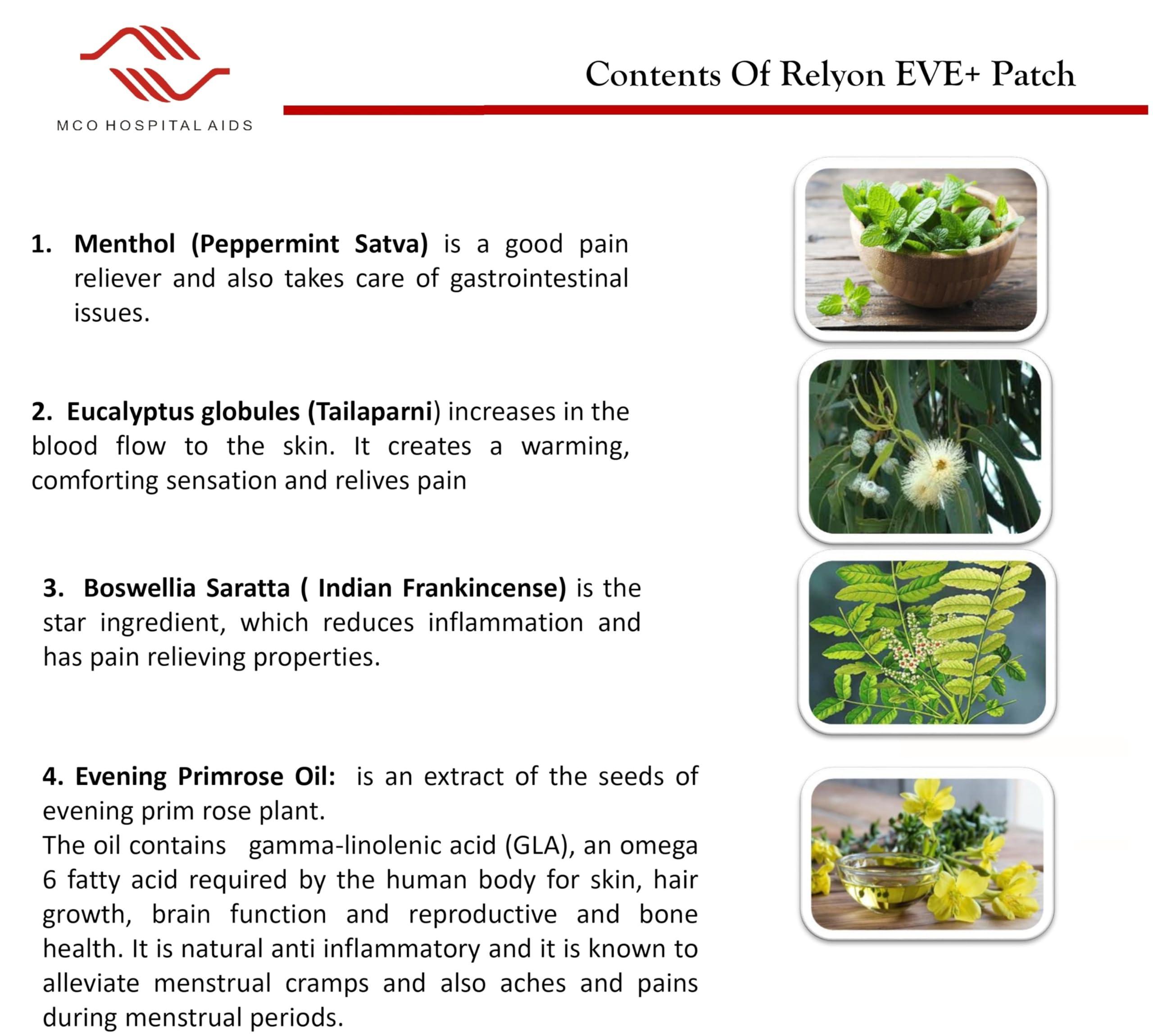 Relyon EVE RELYONEVE E Herbal Pain Relief Patches - Menstrual pain Cramps -Back pain -World first trasndermal patch with Boswella- Instant Releif Plaster & Patch (5 Patches)