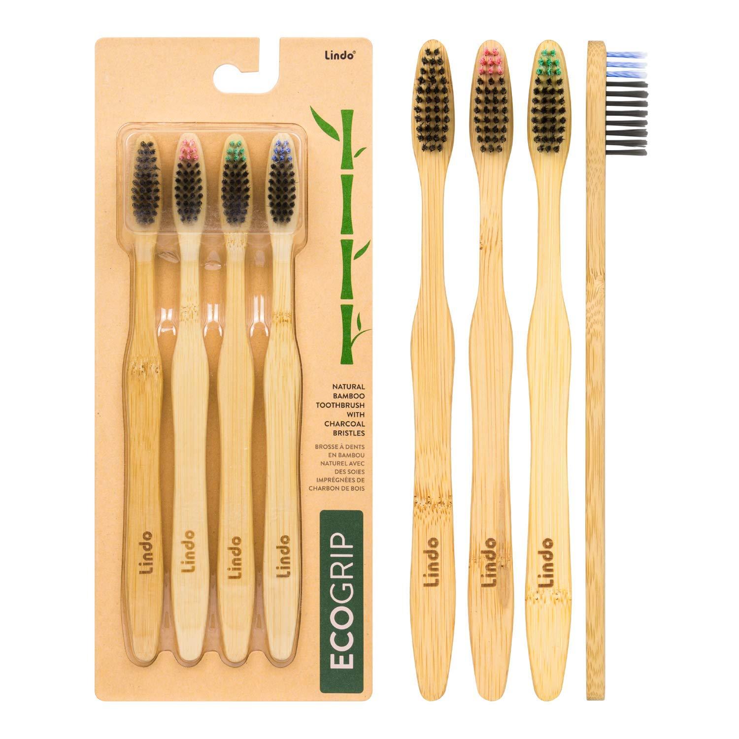 Lindo Lindo EcoGrip Charcoal Infused Bamboo Toothbrush - Soft German Made Fiber Bristles, Organic, Biodegradable and 100% Recyclable, Multi-Colored - Pack of 4