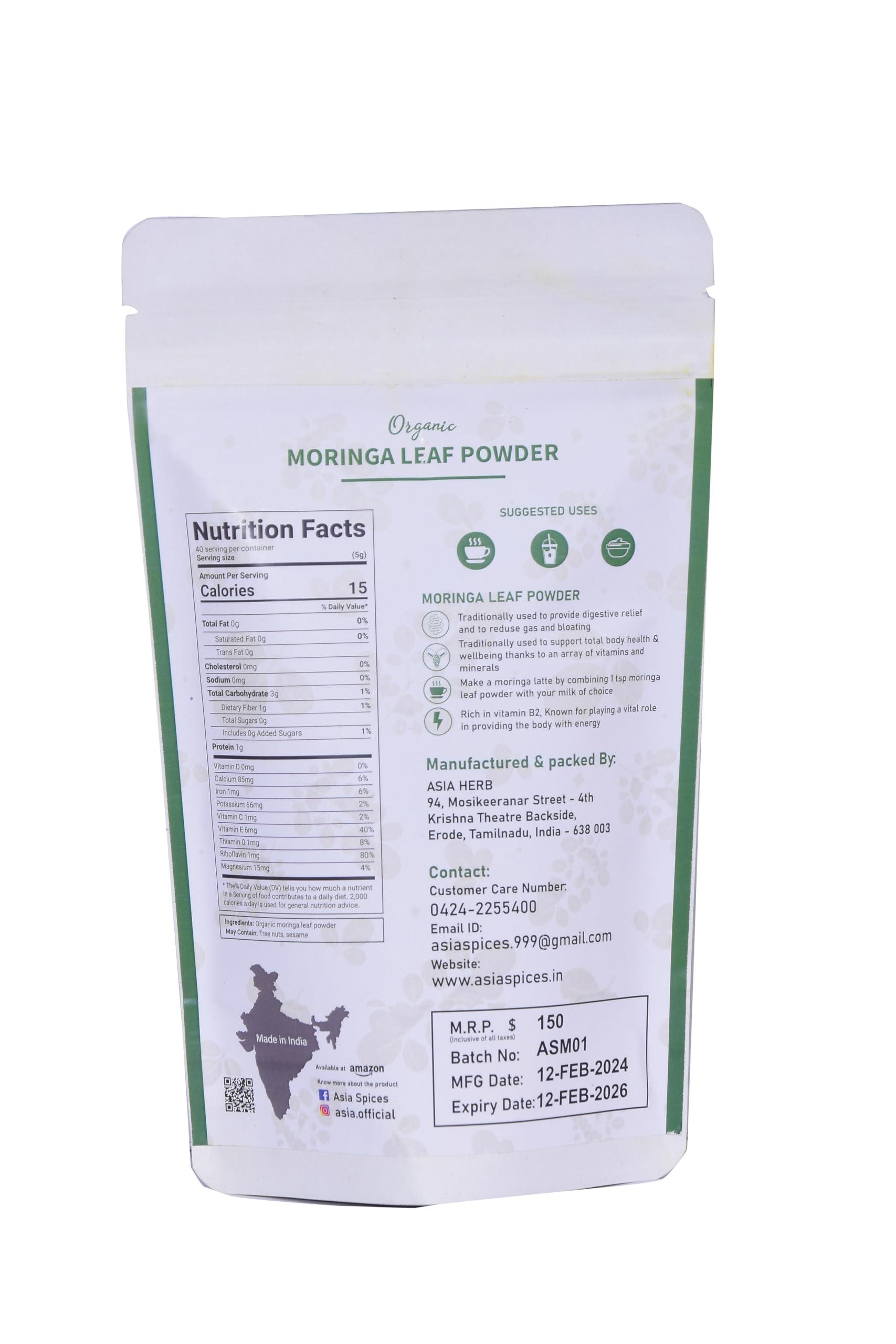 ASIA SPICES Asia Organic Moringa Powder 100% Pure & Natural Superfood | USDA Organic Certified | 100g | Supports Glowing Skin, Healthy Hair, Energy, Immunity & Digestion | Vegan & Non-GMO