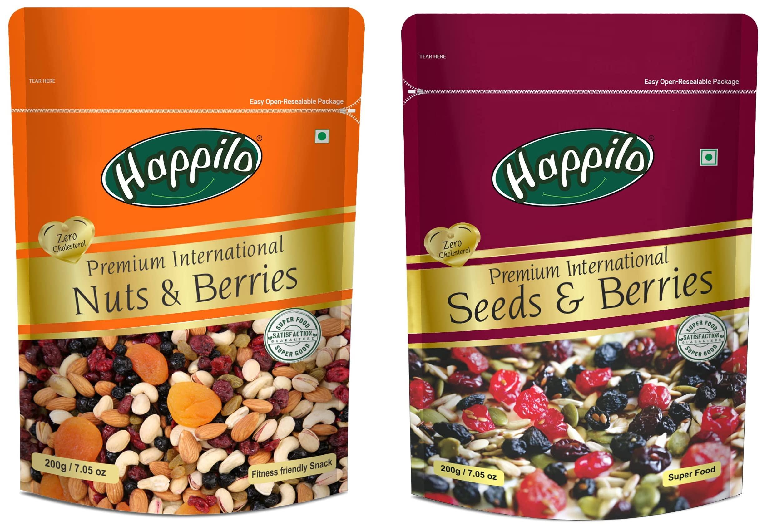 Happilo HappiloPremium International Dried Nuts and Berries, 200g & Premium International Whole Seeds & Berries Pouch, 200 g