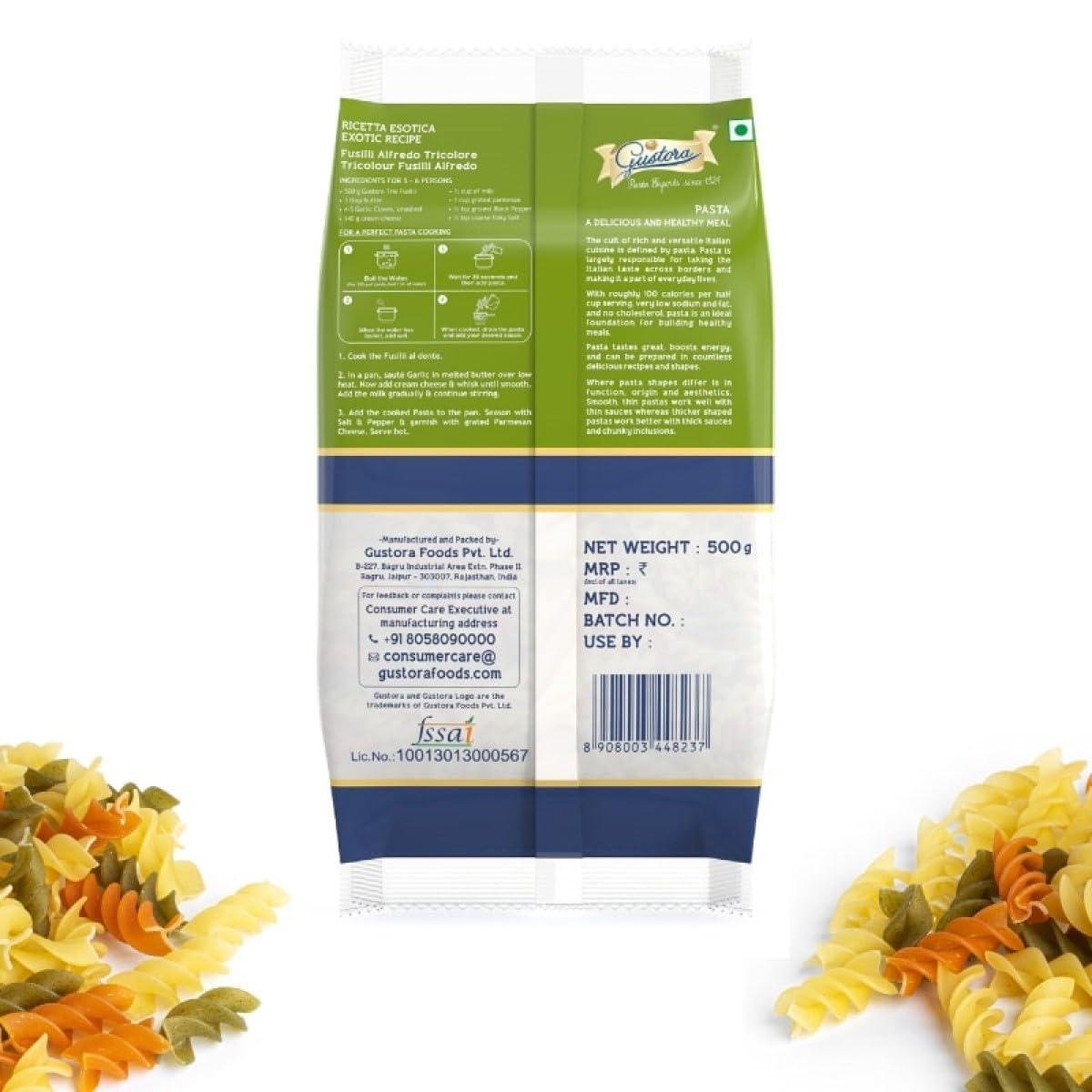 Gustora GUSTORA Healthy Trio Fusilli Pasta 500g I Made of Durum Wheat Semolina I No Maida I Vegetarian I Rich in Protein & Fibre I Zero Cholesterol I Cooking Time 10 Min (500G)