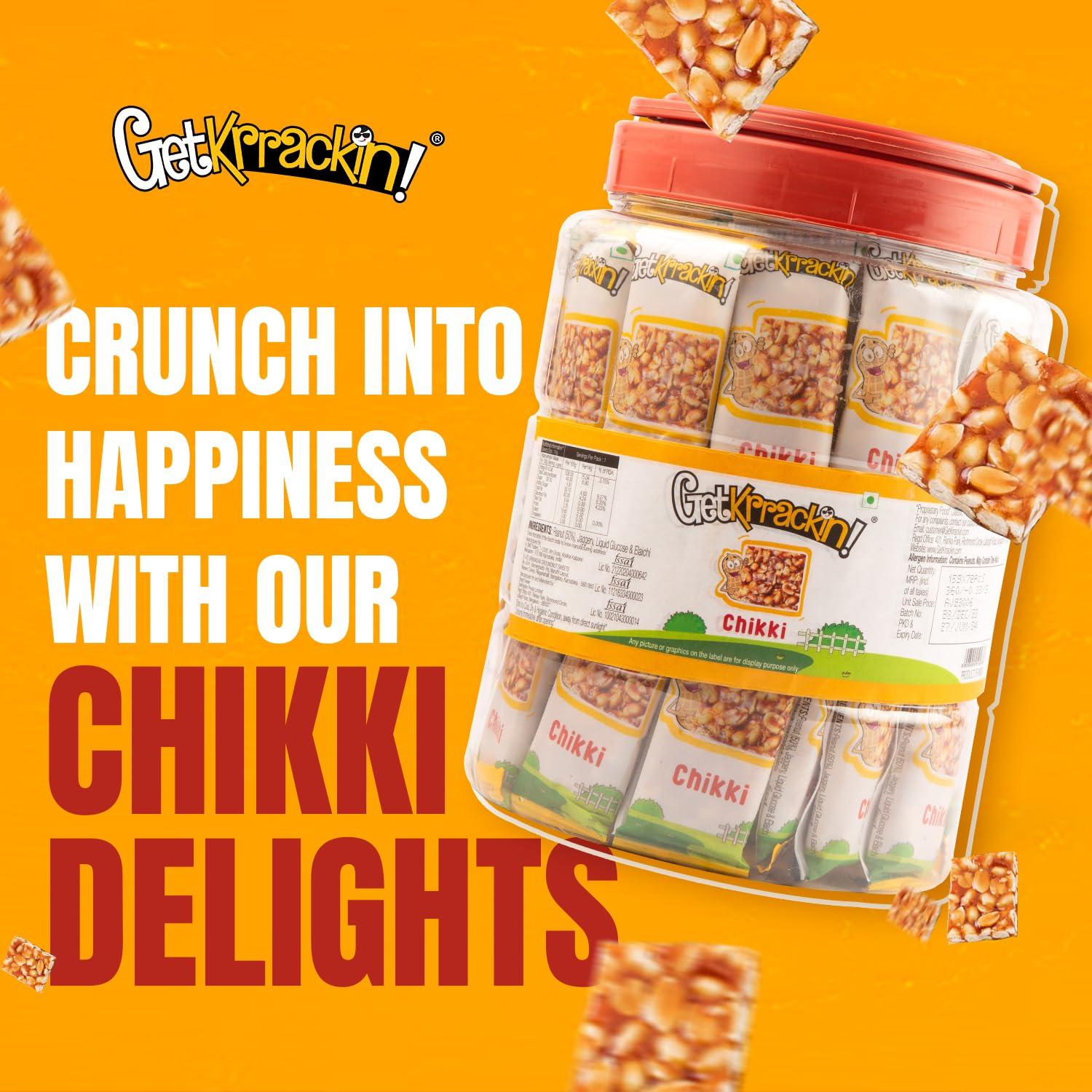 GetKrrackin! GetKrrackin! Peanut Chikki Jar | Pack Of 72 Pcs - 15 Gram Each | No Added Colors Or Preservatives | Crunchy Peanut Bar With Jaggery | Gajak, Gazak | Indian Sweets & Snacks