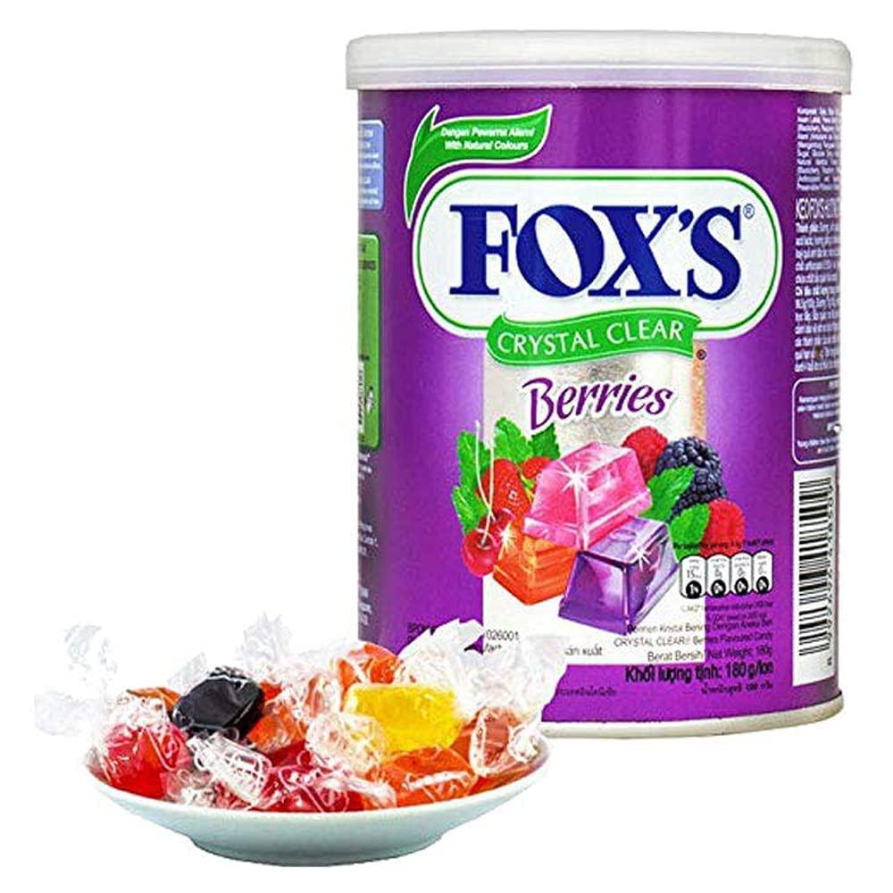 Generic Fox's Candy Crystal Clear Variety Pack Assorted Flavour Berries, Wildberry, Raspberry, Black Cherry, and Fruity Mints, Lemon, Apple, Black Cherry Each Tin Contain 180g Pack Of 2 (Imported)