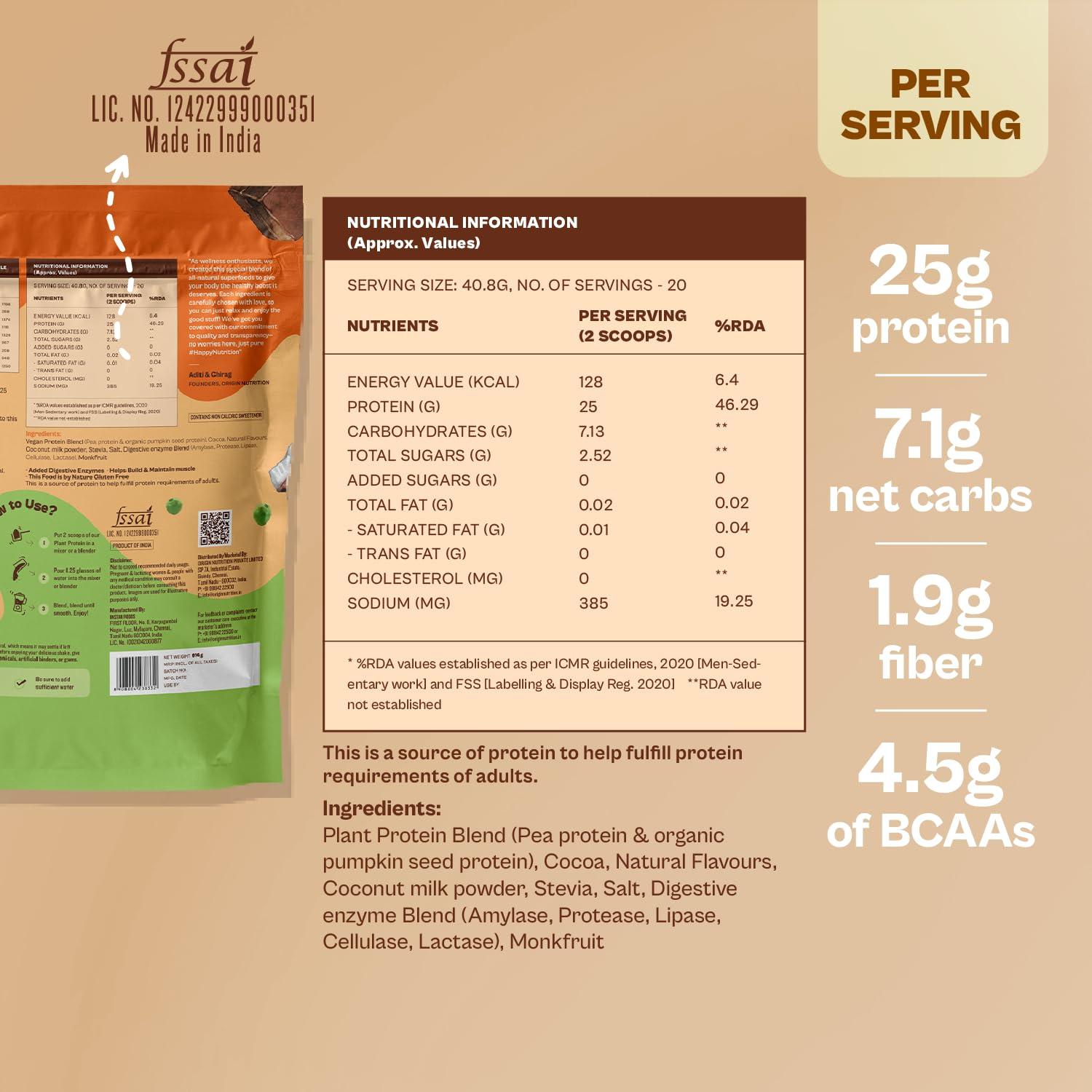 ORIGIN NUTRITION Origin Nutrition 100% Natural Vegan Protein Powder (European Pea Protein Isolate & Pumpkin Seed Protein) Easy to Digest Chocolate Flavour with 25g Plant Based Protein,770g