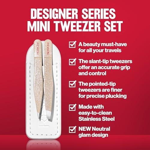 REVLON Revlon Designer Series Mini Tweezer Set, Hair Removal Tool Kit with Mini Slant-tip and Point Tip Tweezers, Portable and Easy to Use Made with Long Lasting Stainless Steel, 1 Count