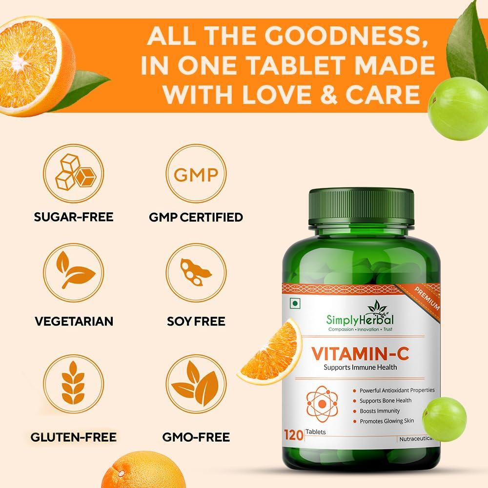 Simply Herbal Simply Herbal Vitamin C Tablets for Glowing Skin & Face, Support Immune Health, Natural Brightening, Supplement Promote Body Immunity & Overall Beauty Health for Men & Women - 120 Veg Tablets