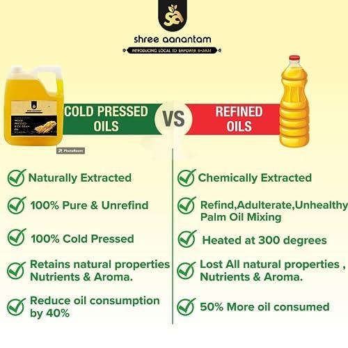 Shree Aanantam Shree Aanantam Cold Pressed Rice Bran Oil - 5 Litre | Bottle | Kolhu/Kacchi Ghani/Chekku | 100% Pure & Natural | Chemical-Free | Wood Pressed Rice Bran Oil for Cooking - 5L (Pack of 1)