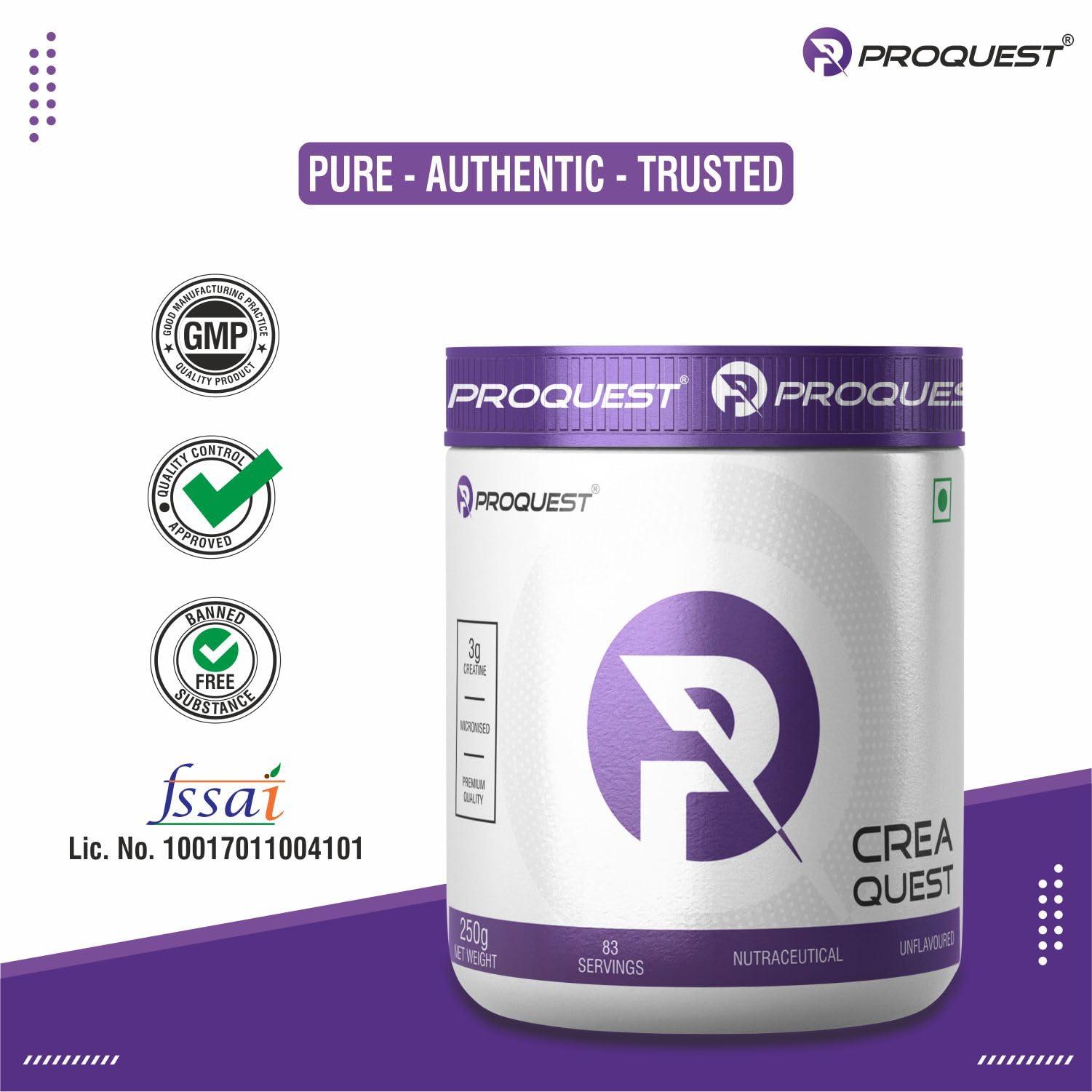 PRO QUEST PRO QUEST CreaQuest - Pure Micronized Creatine Monohydrate (250G, 83 Servings) Unflavoured, Lab Tested & Certified |Rapid Absorption |Enhanced Muscle Strength & Power|Fast Recovery|Powder