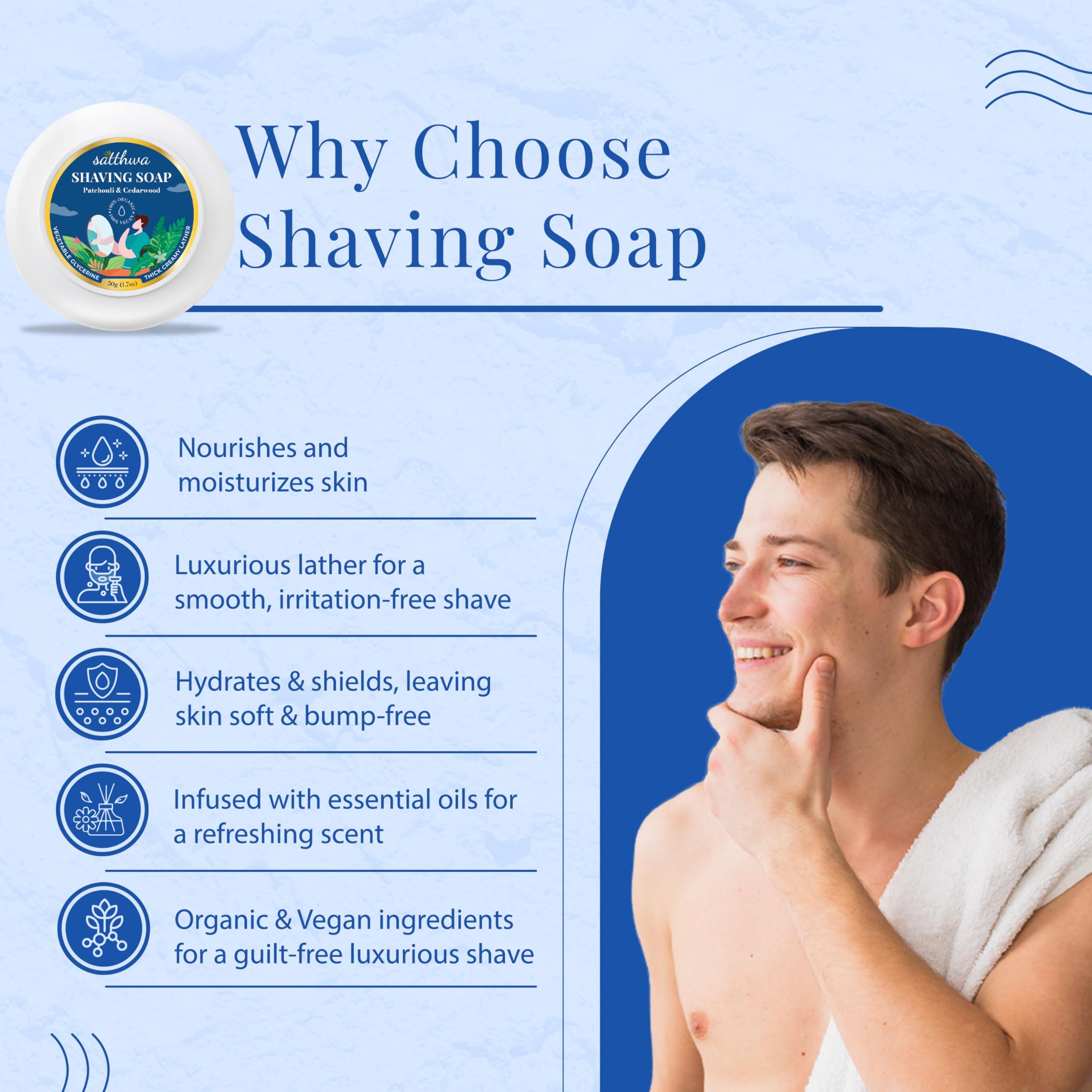 Satthwa Satthwa Organic Shaving Soap infused with Patchouli & Cedarwood | Create the Perfect Lather | Excellent for Silky Smooth Shaves | Hydrates and Shields, 50g (1.7oz)