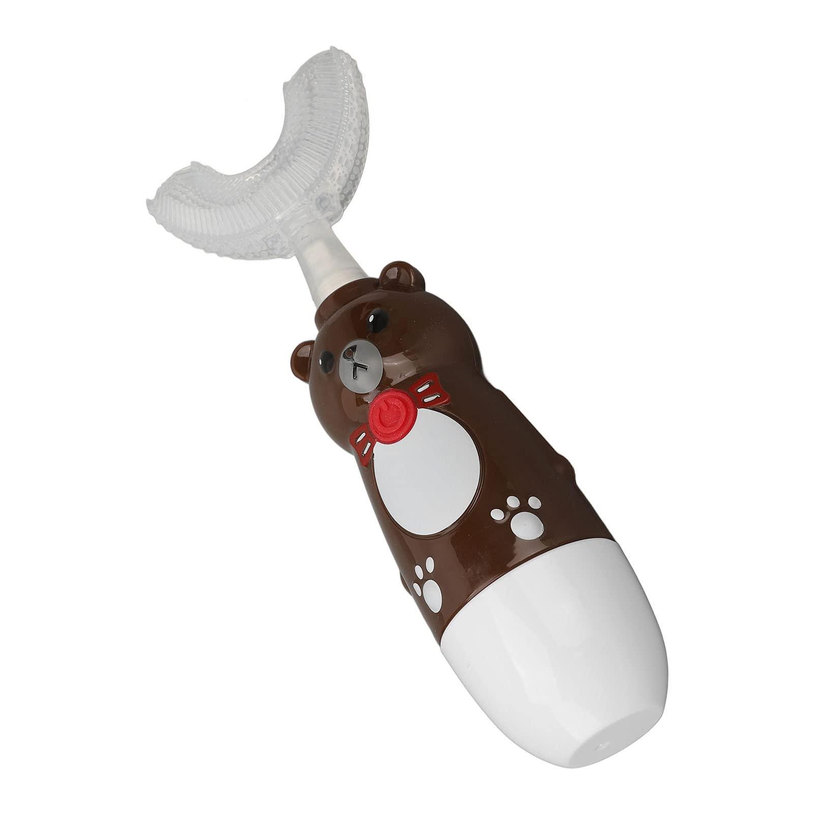 DNEI Sonic U Shaped Toothbrush, Kids Smart Toothbrush Automatic Ergonomic Cute Bear with 3 Brush Heads for Travel (Brown)