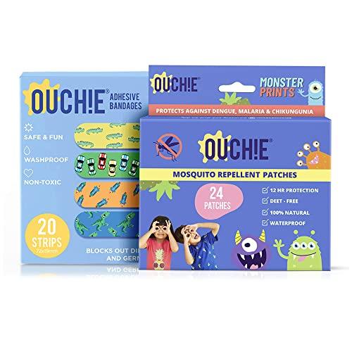 AYA PAPAYA Aya Papaya Ouchie Monster Print Mosquito Repellent Patches (24 Patches) & Ouchie Non-Toxic Printed Bandages - Blue (20 Strips)