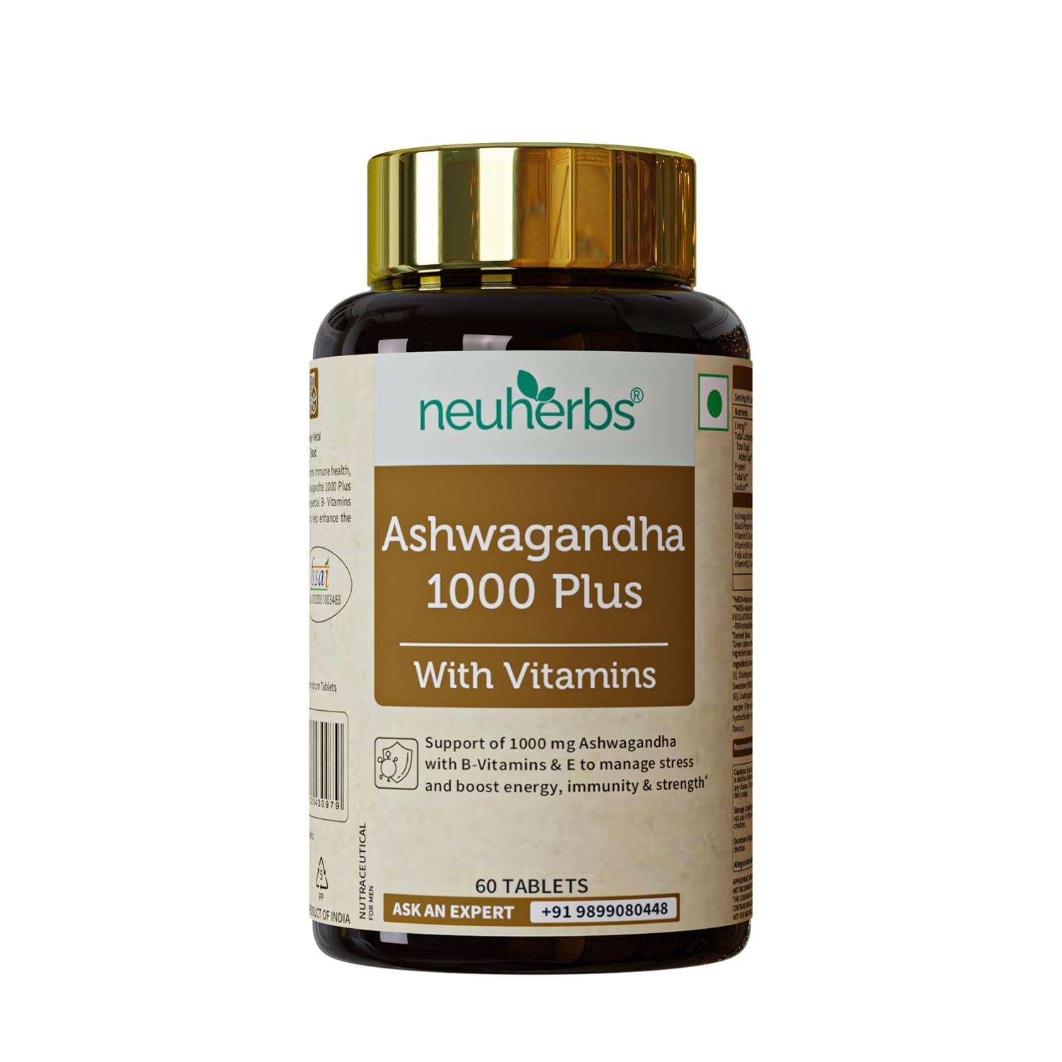 Neuherbs Neuherbs Ashwagandha 1000 Plus [Manage Anxiety & Stress Relief] Enhanced Absorption & Antioxidants Rich with vitamin E & B-complex for General wellness, Immunity Booster & Improve Vigour - 60 Tabs
