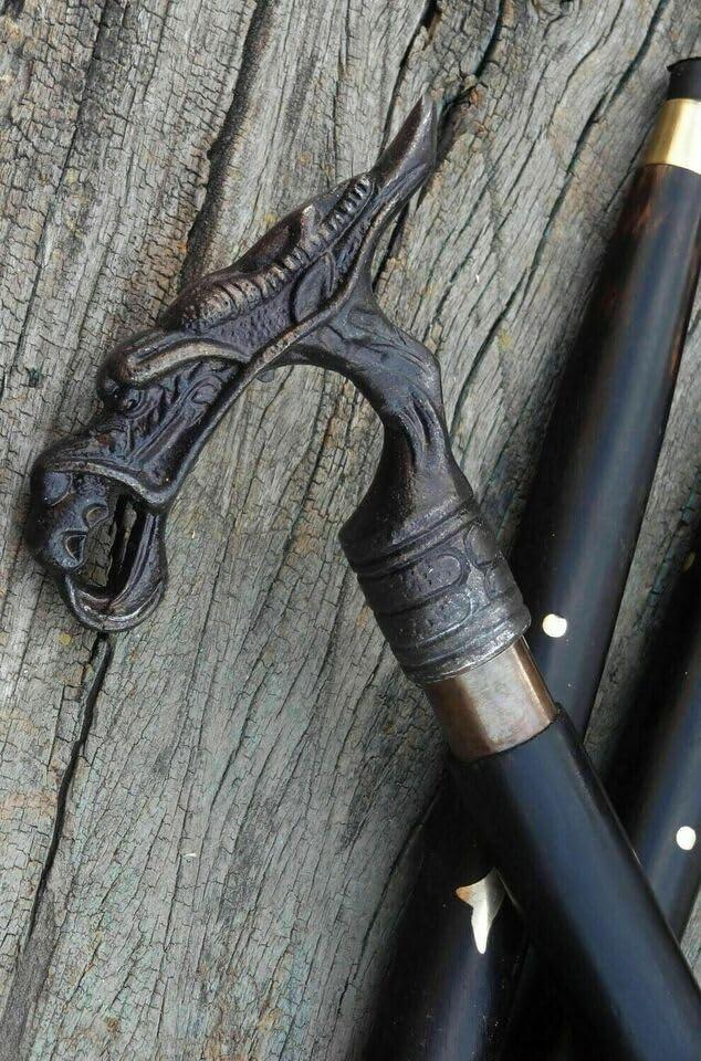 WAVE NAUTICAL WAVE NAUTICAL Brass Dragon Walking Stick Solid Vintage Designer Handle Gift Brass Wooden Cane Antique Style Folding Walking Stick 39" Inches with Brass Handle for Men and Women