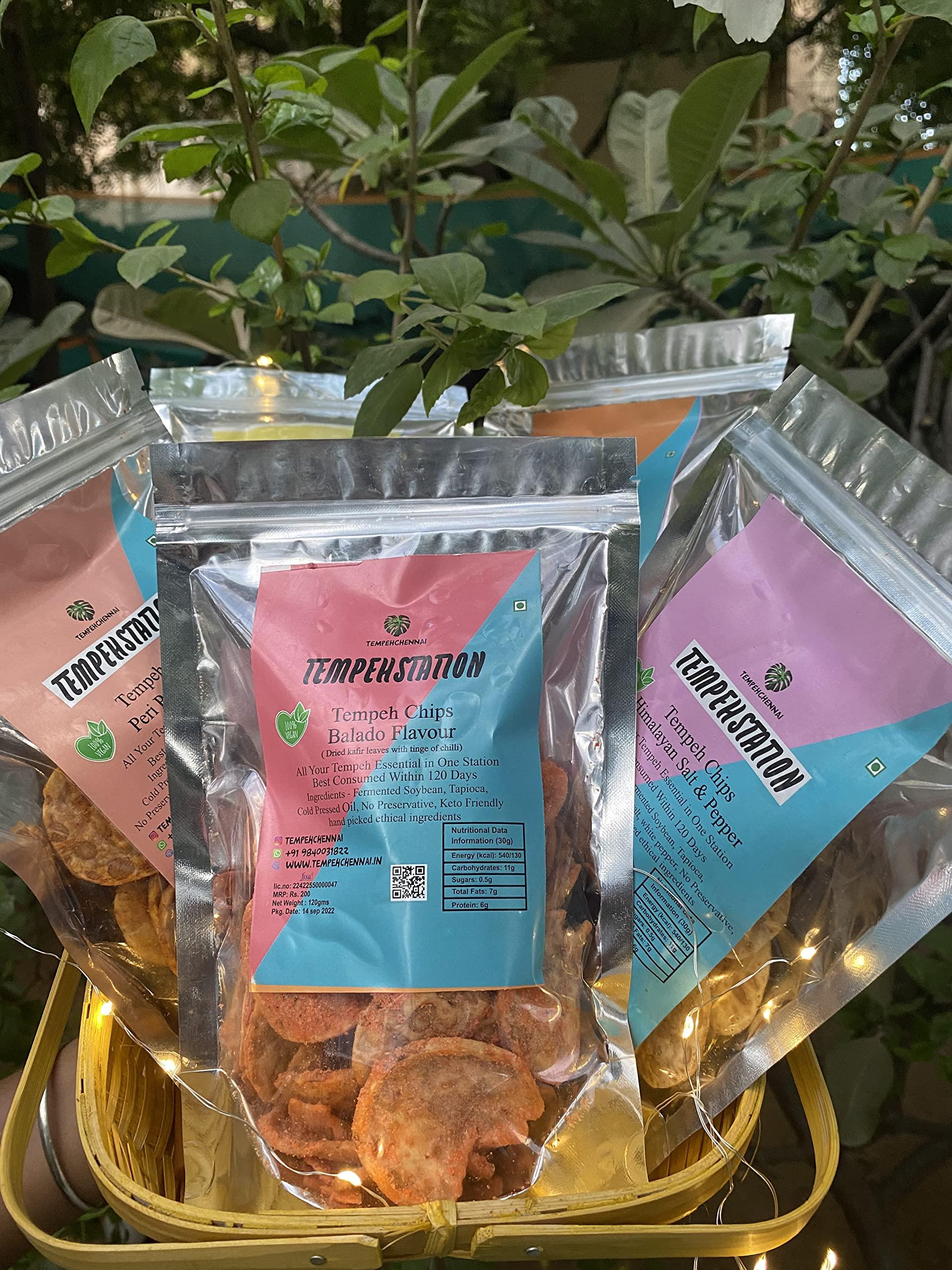 TEMPEHCHENNAI Gourment Delight Diwali Gift Hamper Celebration Gift Snacks Combo Box |Tempeh Chips 5 Packs + Light + Card + 1 Diya | Healthy No Junk Food | 100% Vegetarian | for Family, Friends, Corporate