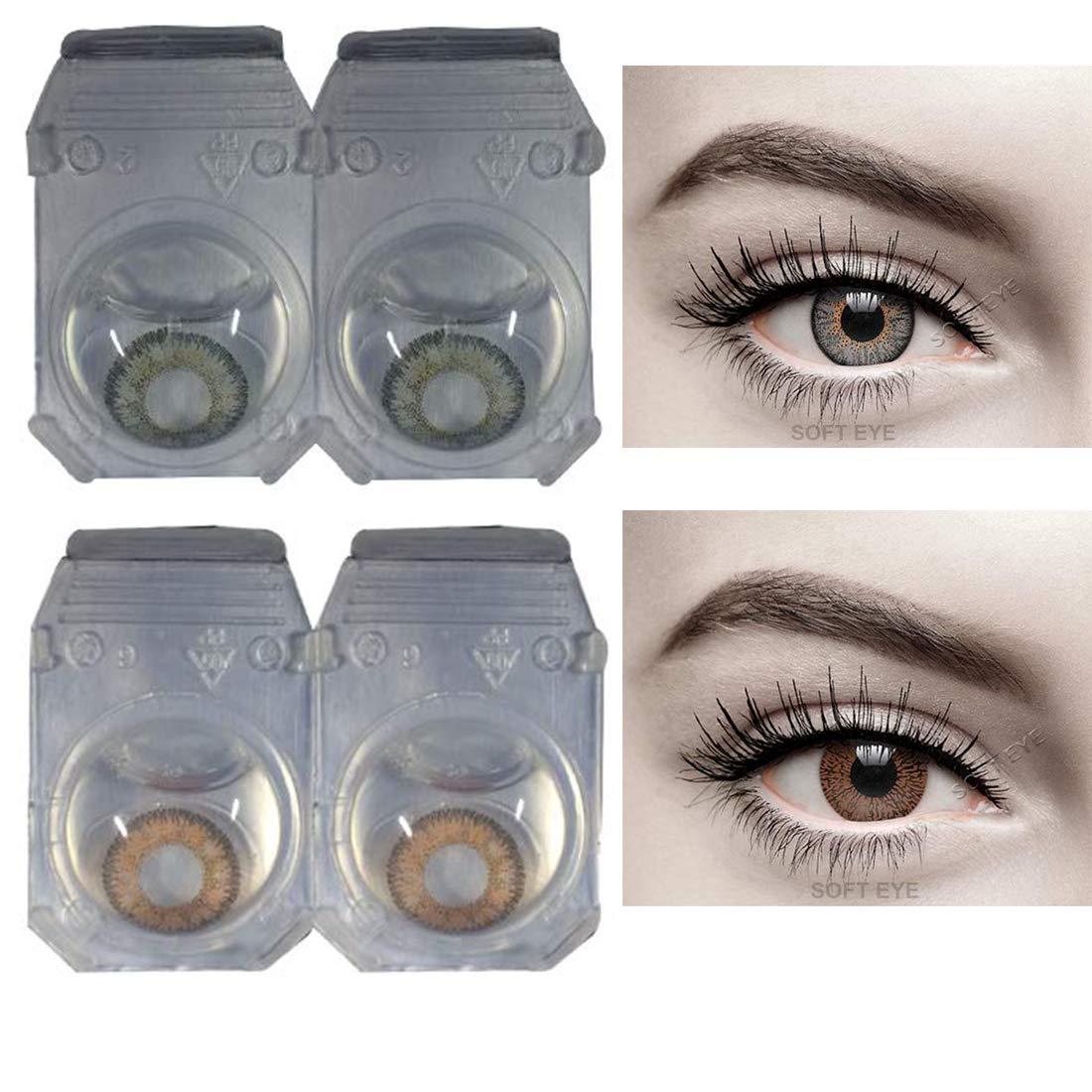 SOFT EYE SOFT EYE Color Style Combo Pack of 2 Pairs (Grey + Brown) Monthly Color Contact Lenses (Zero Power) with Free Lens Solution & Lens Case/Container Kit
