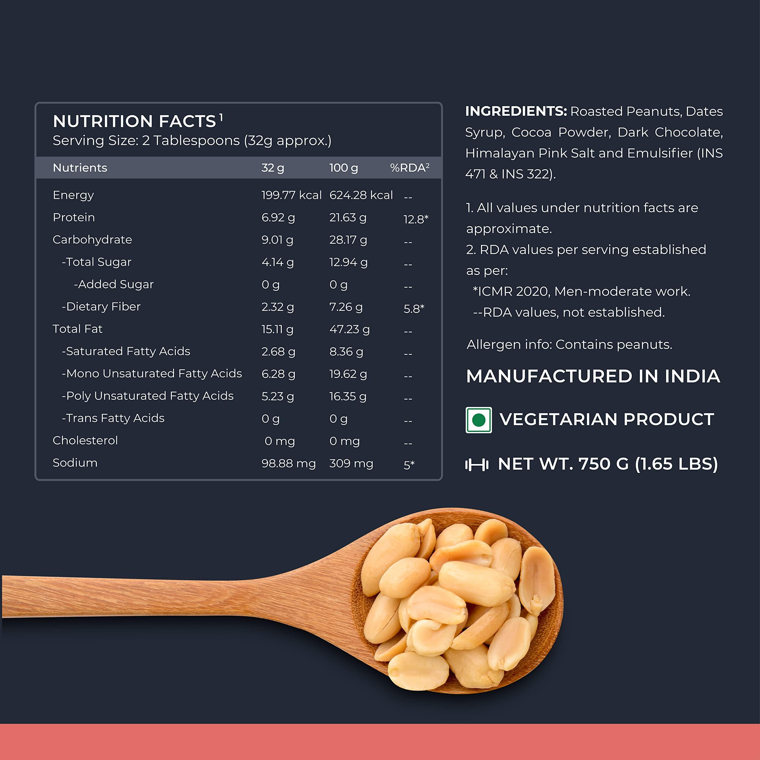 Nutrabay Nutrabay Foods Peanut Butter (Creamy) - Chocolate Intense, 750g | 100% Roasted Peanuts, 22g Protein, Zero Cholesterol, Vegan, Gluten Free, Non GMO