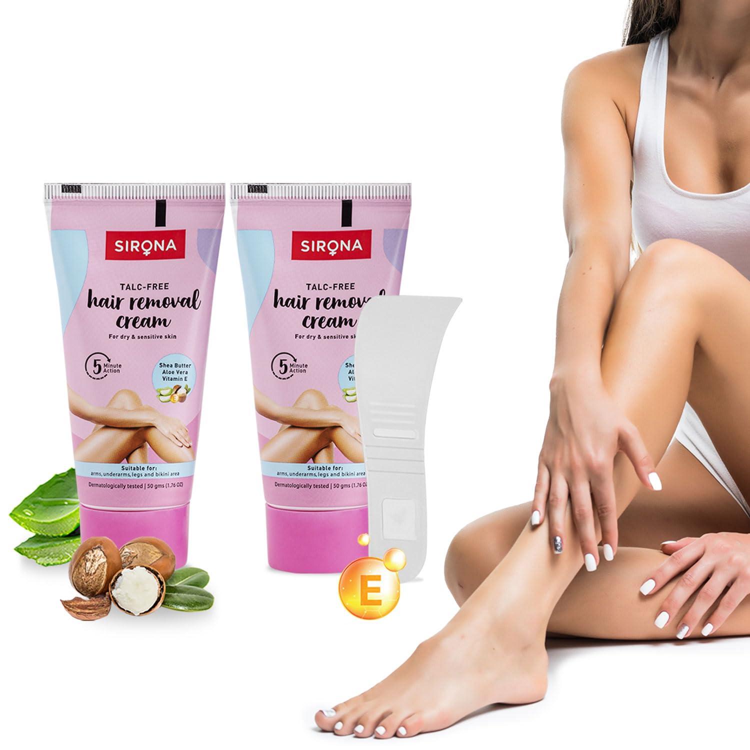 Sirona Sirona Hair Removal Cream, Bikini Hair Removal Cream for Women, Hair Removal Cream for Women, for Bikini Line, Underarm, Legs, Dermatologically Tested, for Dry & Sensitive Skin - 50 gm (Pack of 2)