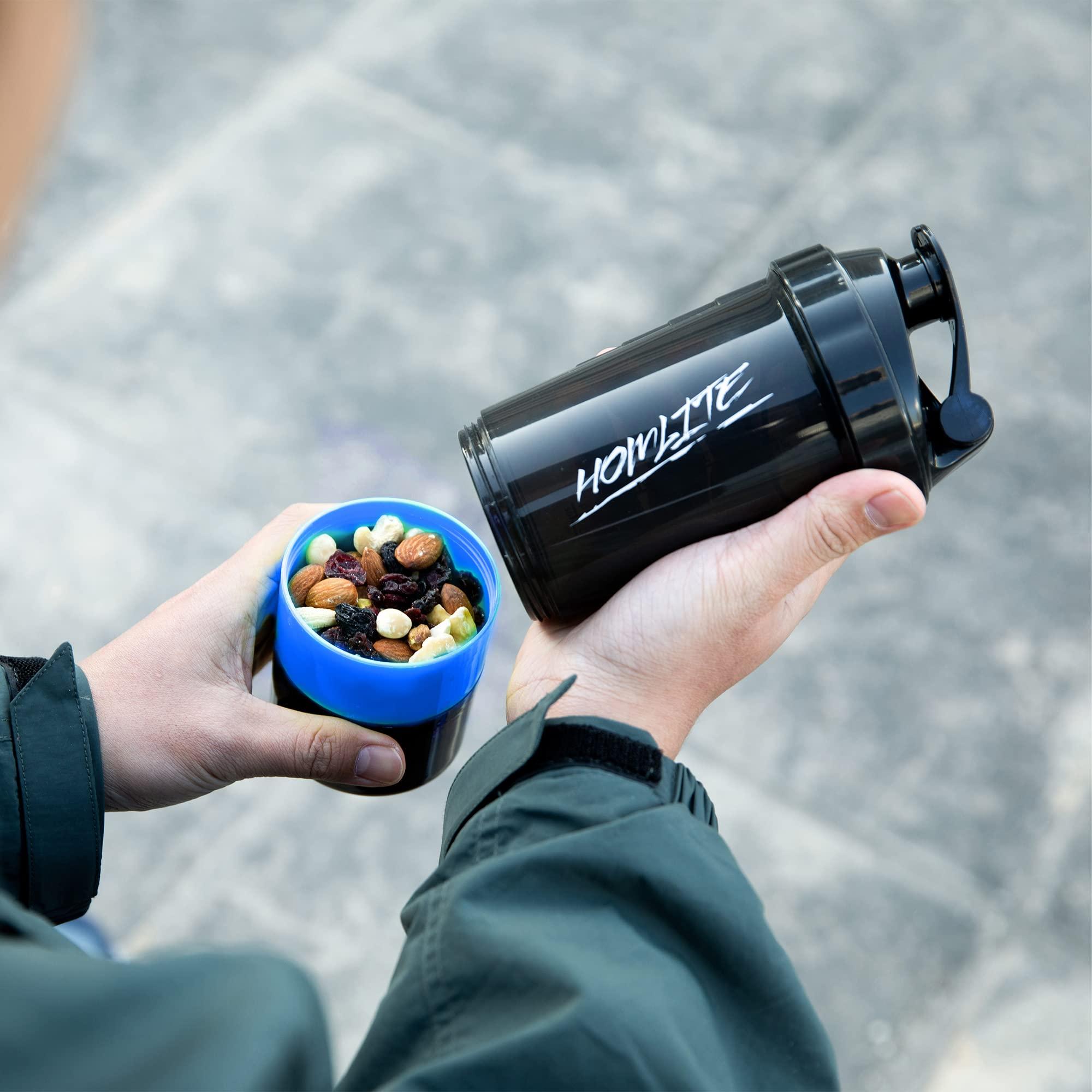 Homlite HOMLITE Protein Shaker Bottle Non-Slip 3 Layer Twist Off, Leak-Proof Blender Bottle with Supplement and Pill Storage Compartment (Blue)