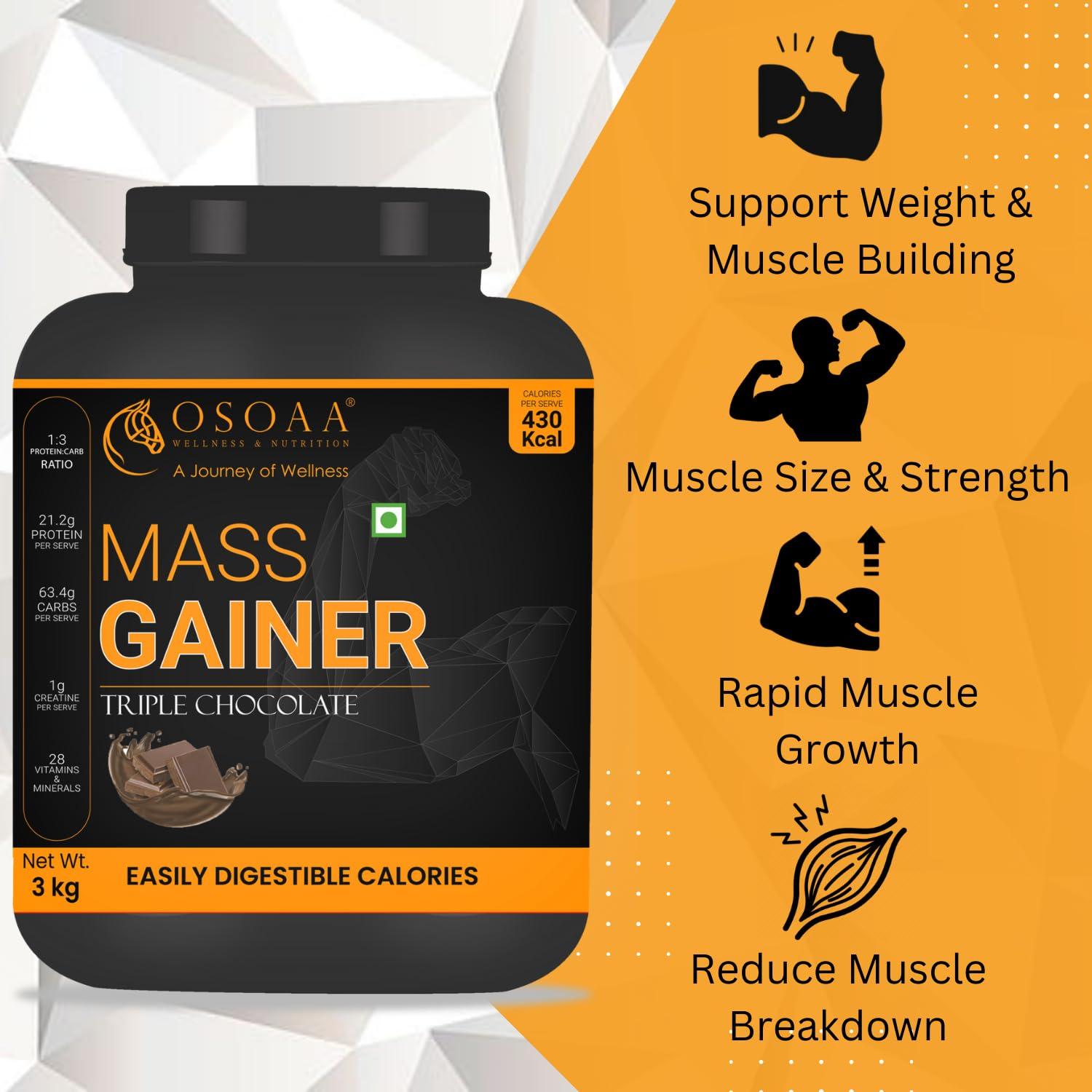 OSOAA OSOAA Lean Mass Gainer 3Kg |(Triple Chocolate) | With 3g Creatine & 21g Protein | 420 Calories & 21G Protein | Added Digestive Enzymes | 28 Added Vitamins