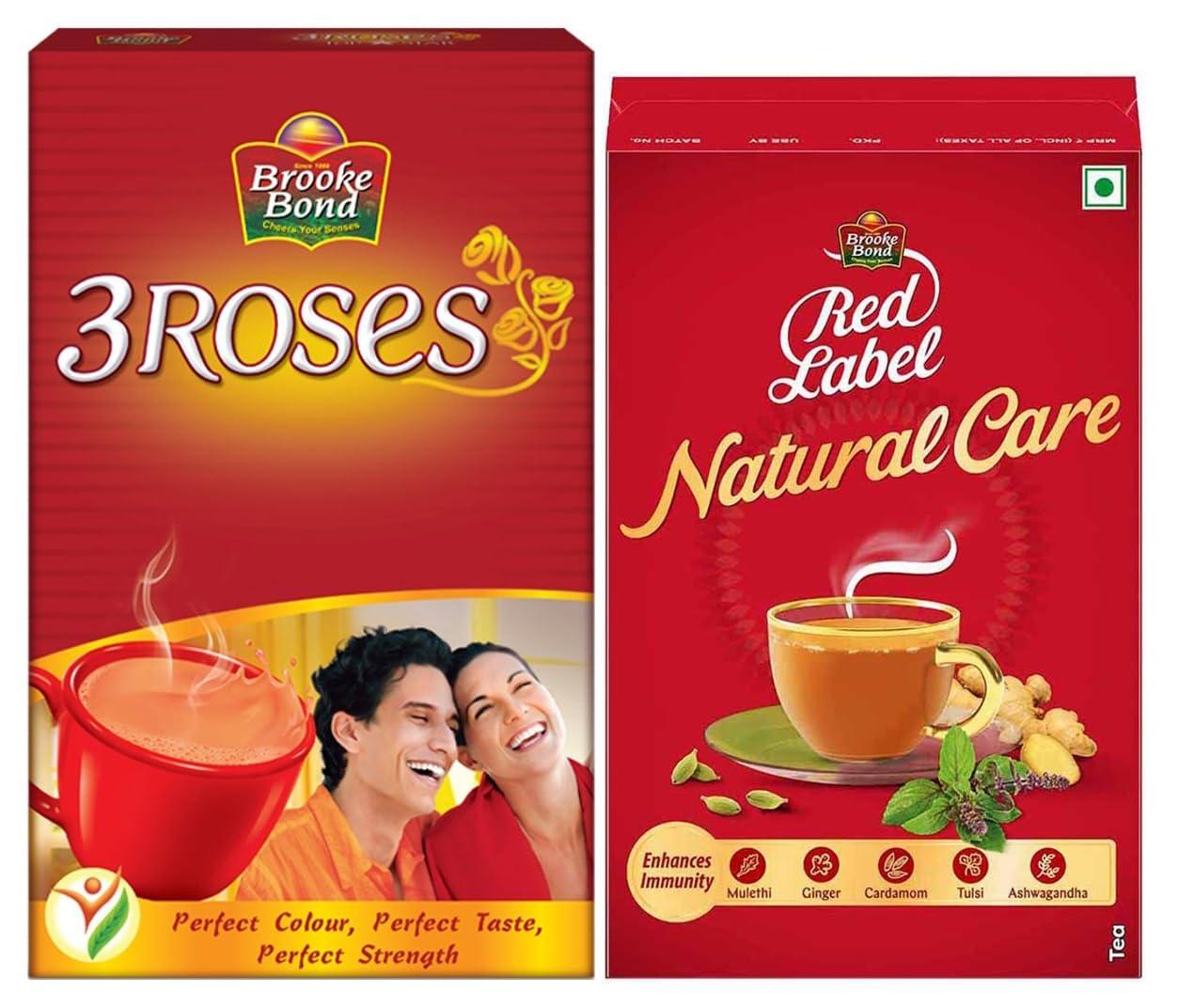 Brooke Bond 3 Roses Dust Tea, 500g Carton & Brooke Bond Red Label Natural Care Tea, with 5 Ayurvedic Ingredients, 500 g