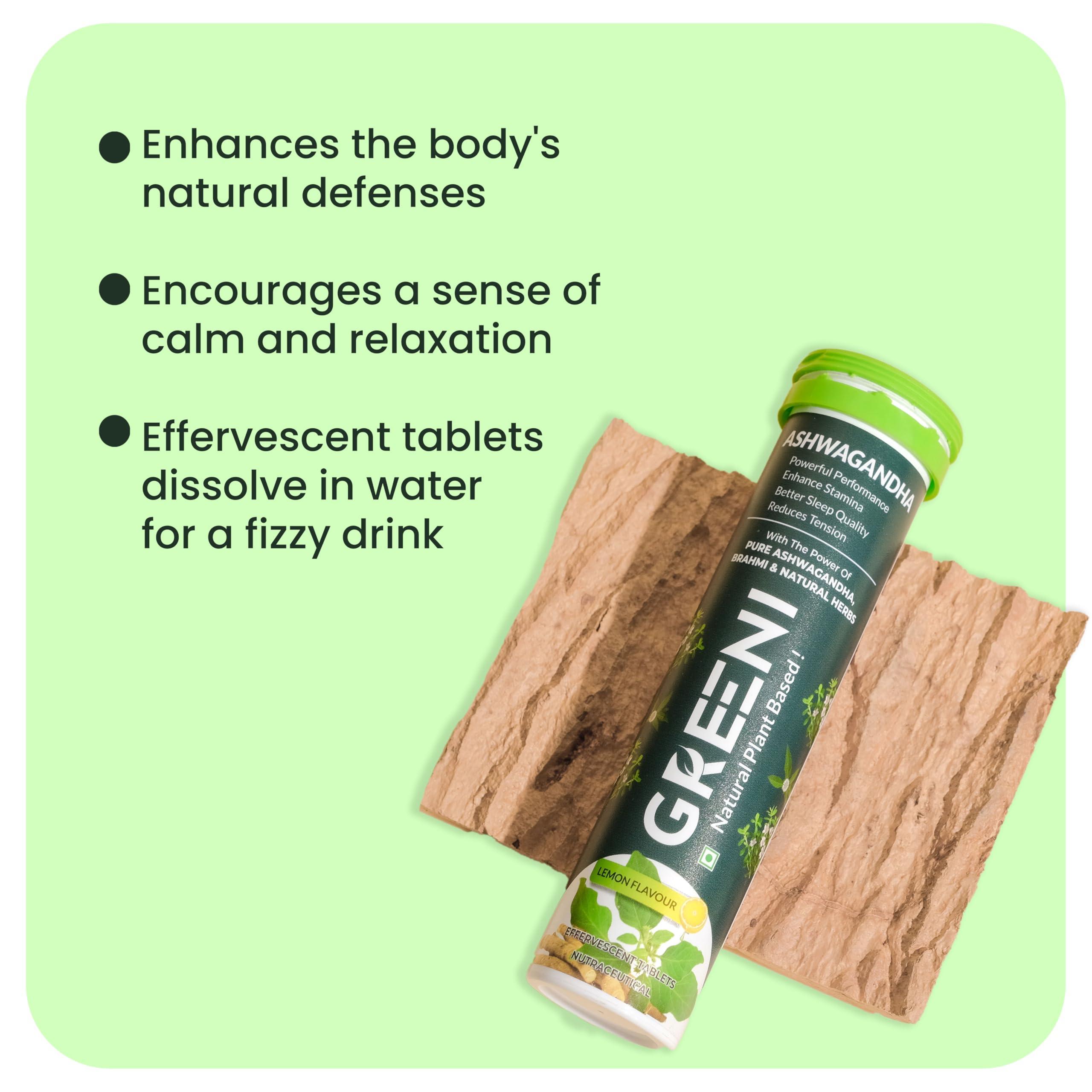 Greeni Greeni Ashwagandha Effervescent Tablets with Brahmi and Natural Herbs (Pack of 4, 60 Tablets)