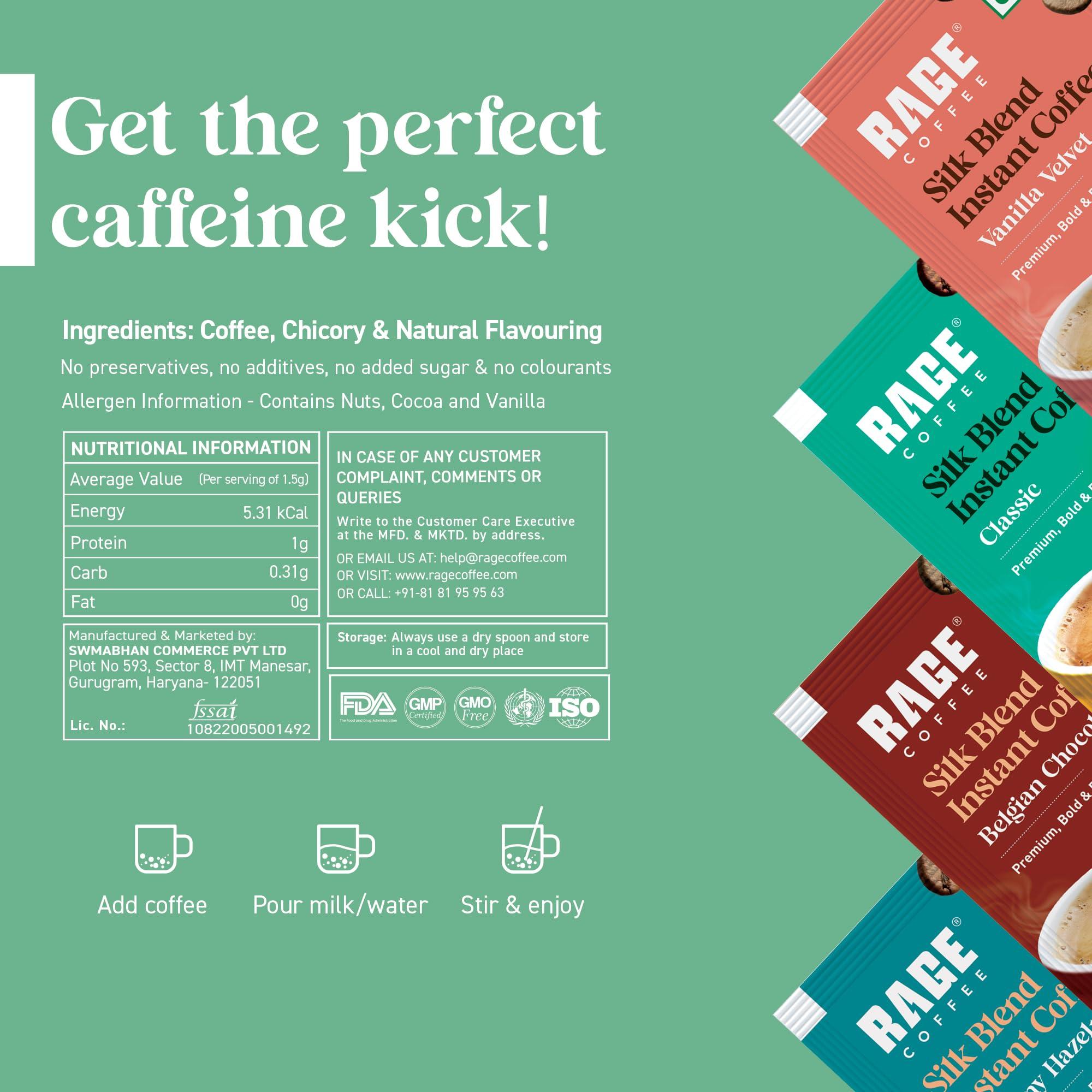 RAGE COFFEE Rage Coffee - Silk Blend Assorted Sachets & Free Frother Coffee Kit Combo (15 X 1.5 Gram Sachets) | 3 Classic, 4 Creamy Hazelnut, 4 Vanilla Velvet & 4 Belgian Chocolate Flavours & Beater)|