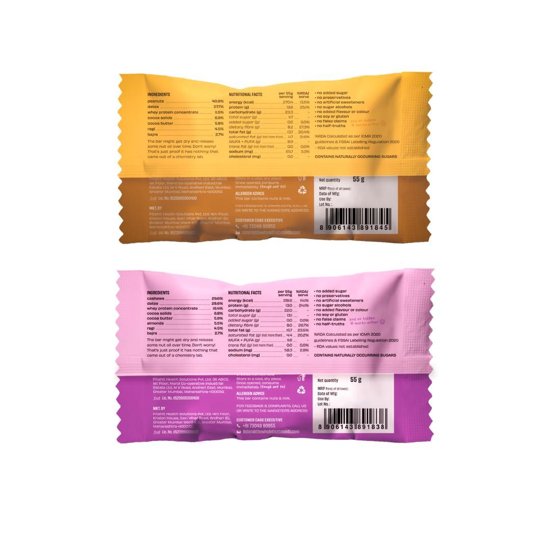 The Whole Truth The Whole Truth - Protein Bars 13G | Assorted Millet Protein Bar (3 Almond Millet Cocoa, 3 Peanut Millet Cocoa) I Pack of 6 x 55g | No Refined Sugar | No Added Flavours | No Preservatives | All Natural Ingredients