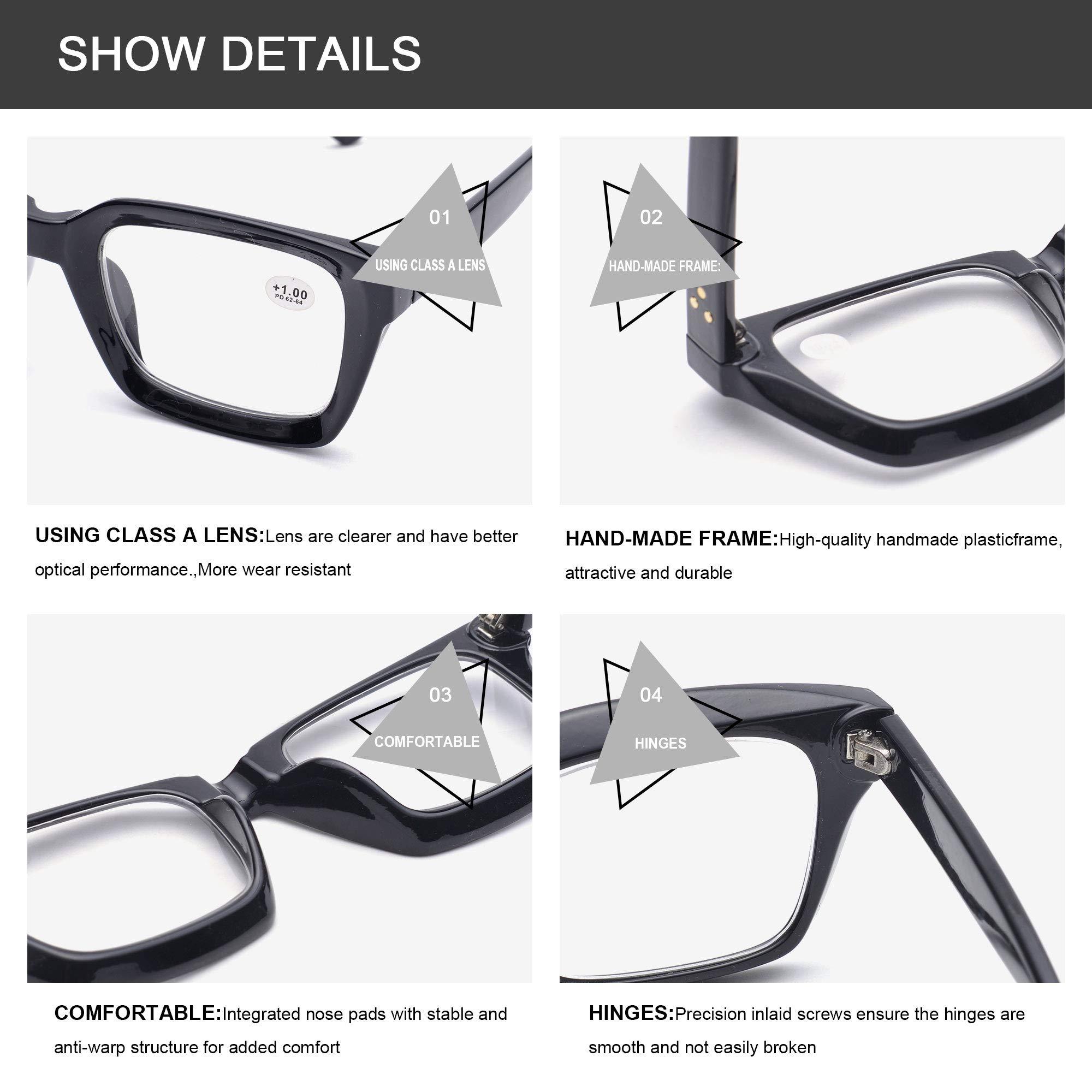 ZUVGEES ZUVGEES Retro Style Square Reading Glass Big Eyeglass Frames Large lens 50mm (Black, 1.50)