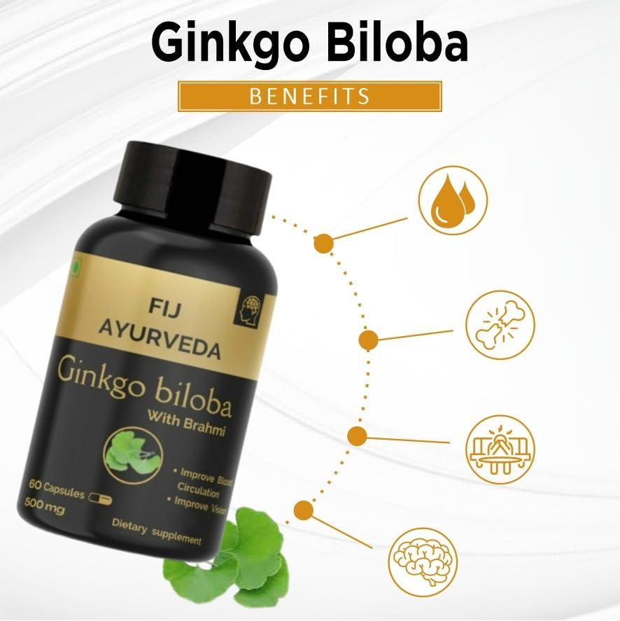 FIJ AYURVEDA FIJ AYURVEDA Ginkgo Biloba with Brahmi Extract Capsules - Supports Memory & Focus - 500mg 60 Count
