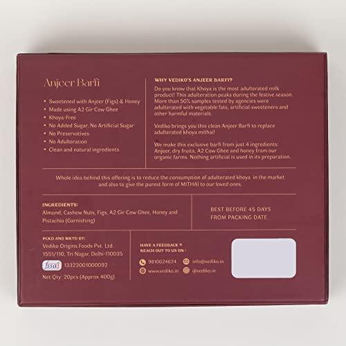 VEDIKO ORIGINS Vediko Origins Anjeer Barfi | Luxury Indian Delicacy enriched with A2 Gir Cow Ghee, Dry Fruits, Honey & Dates | 400gm (20 Pieces)