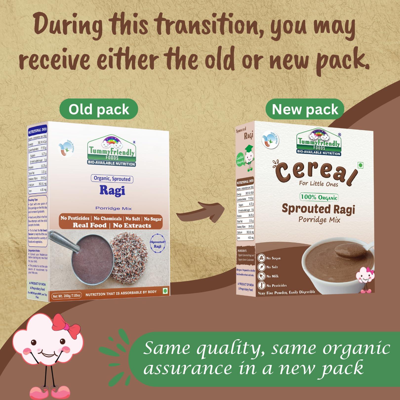 TUMMYFRIENDLY FOODS ; BIO-AVAILABLE NUTRITION TummyFriendly Foods Certified Organic Sprouted Ragi Flour For Little Ones. Made of Organic Sprouted Ragi Powder. Sprouted Ragi powder, rich in Calcium, Iron, Fibre & Micro-Nutrients. No Sugar, No Salt, No Milk, No Chemicals, No Pesticides. Ragi Sari